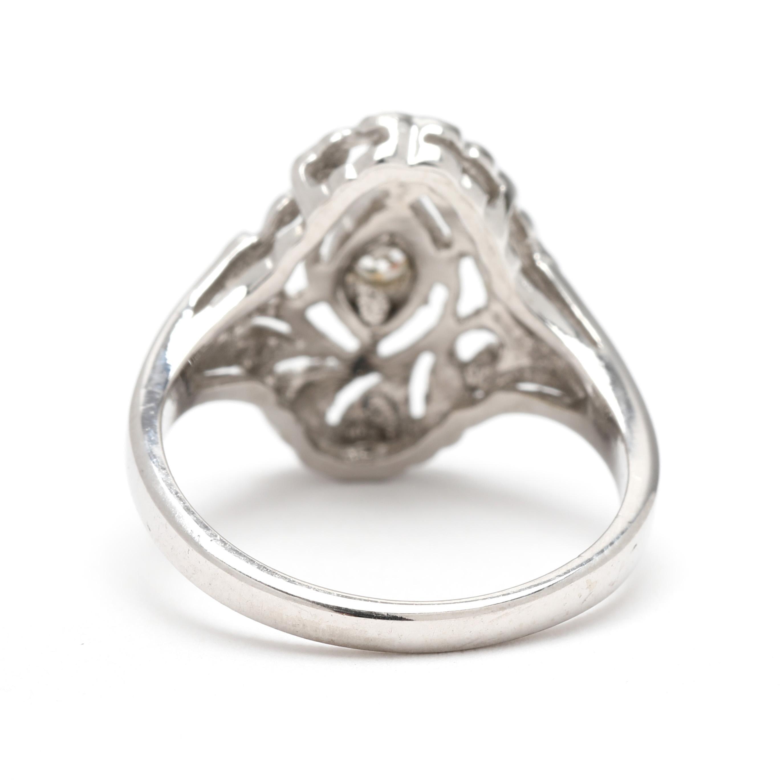 Taglio singolo Anello vintage con diamanti in filigrana e navette, oro bianco 14k, misura 4,5 in vendita