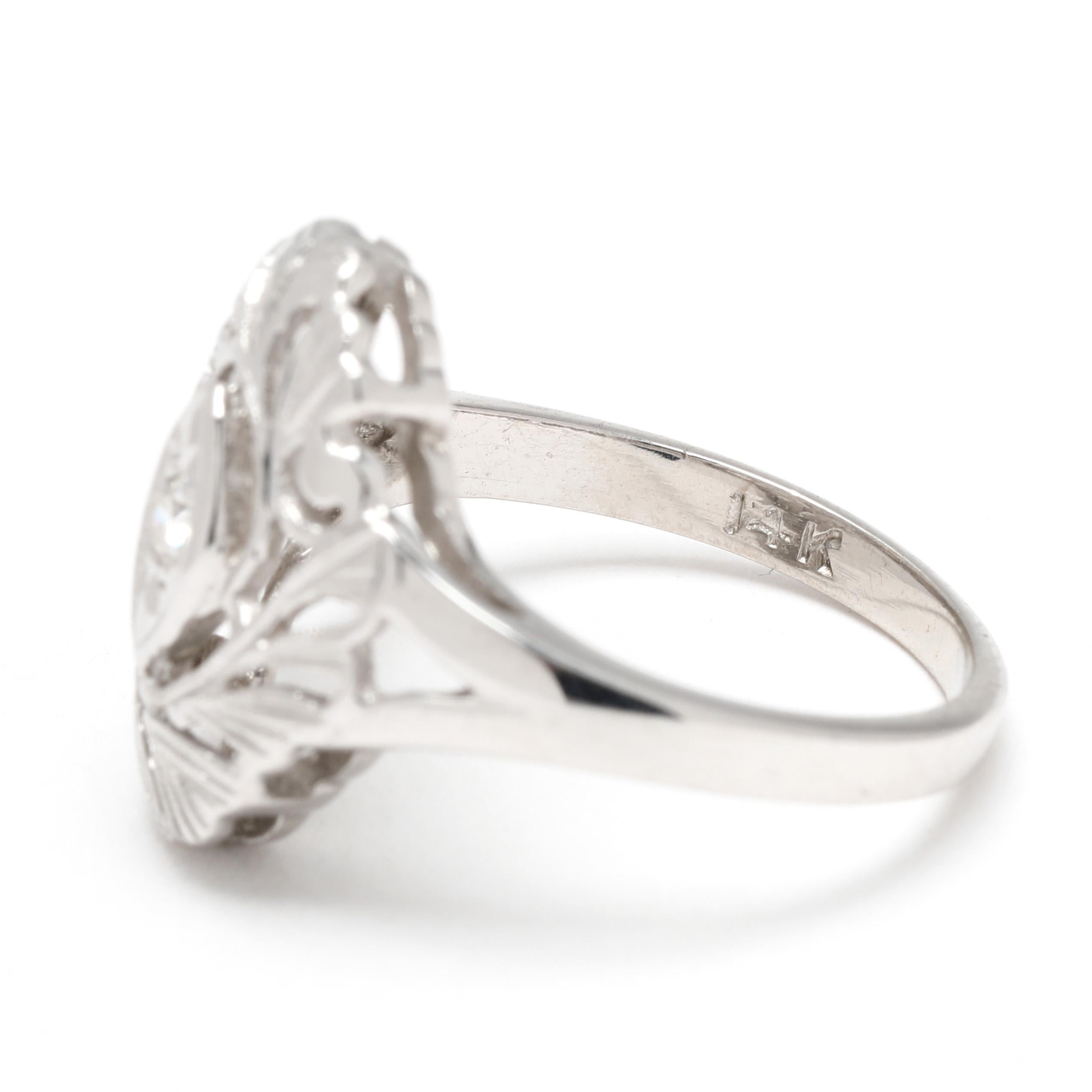da uomo o donna Anello vintage con diamanti in filigrana e navette, oro bianco 14k, misura 4,5 in vendita