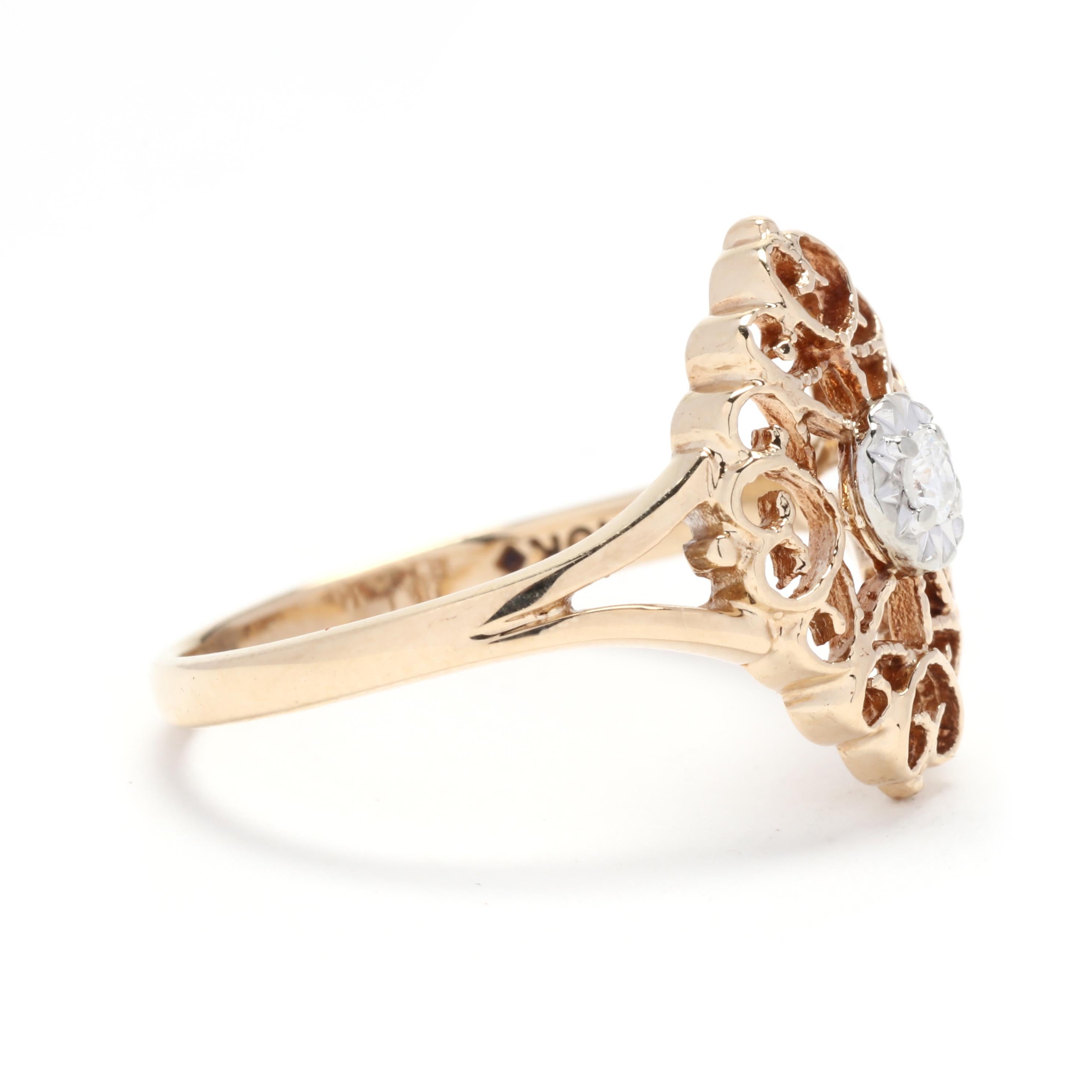 This vintage diamond filigree ring is an exquisite piece of jewelry that exudes timeless beauty. Crafted in 10K yellow gold, this ring features intricate filigree detailing that adds a touch of elegance and refinement. The centerpiece of this ring
