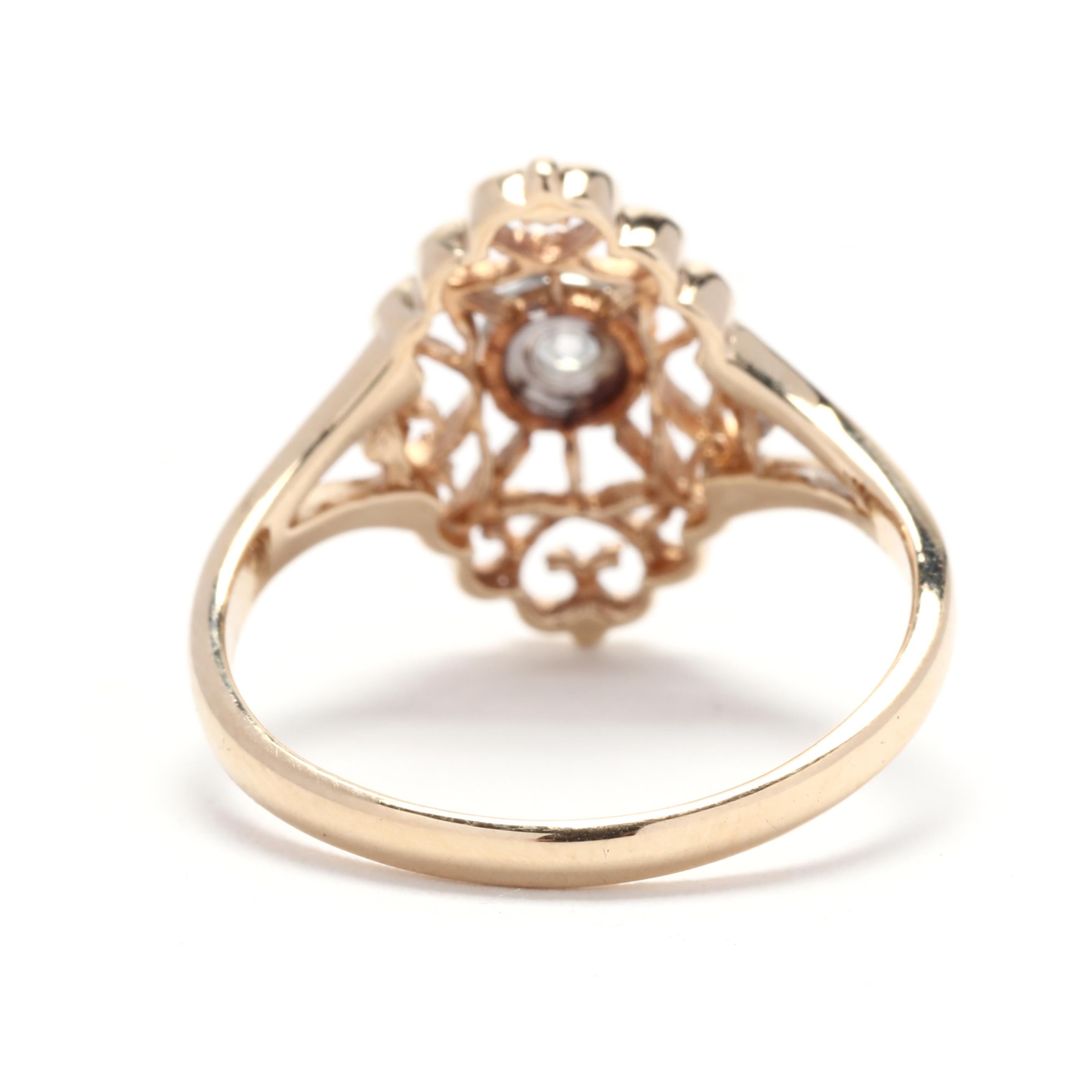 Brilliant Cut Vintage Diamond Filigree Ring, 10K Yellow Gold, Ring Size 6, Navette Ring For Sale