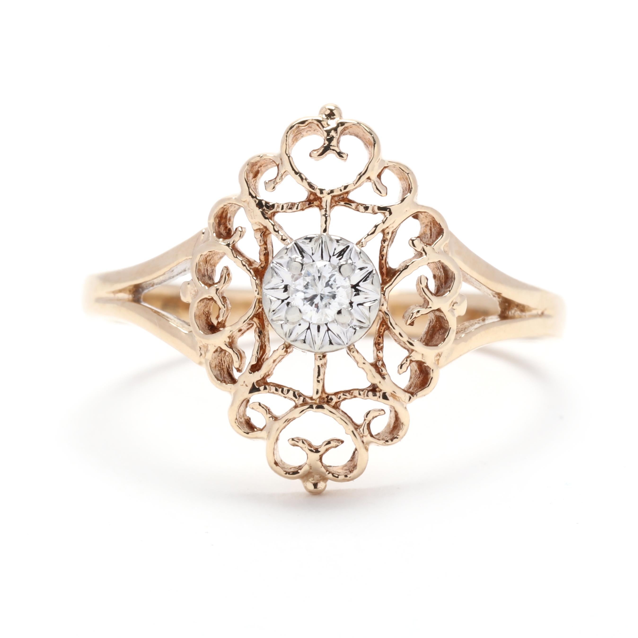 Vintage Diamond Filigree Ring, 10K Yellow Gold, Ring Size 6, Navette Ring For Sale