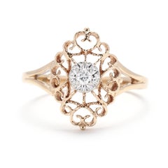 Vintage Diamond Filigree Ring, 10K Yellow Gold, Ring Size 6, Navette Ring