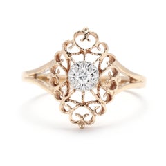 Retro Diamond Filigree Ring, 10K Yellow Gold, Ring Size 6, Navette Ring