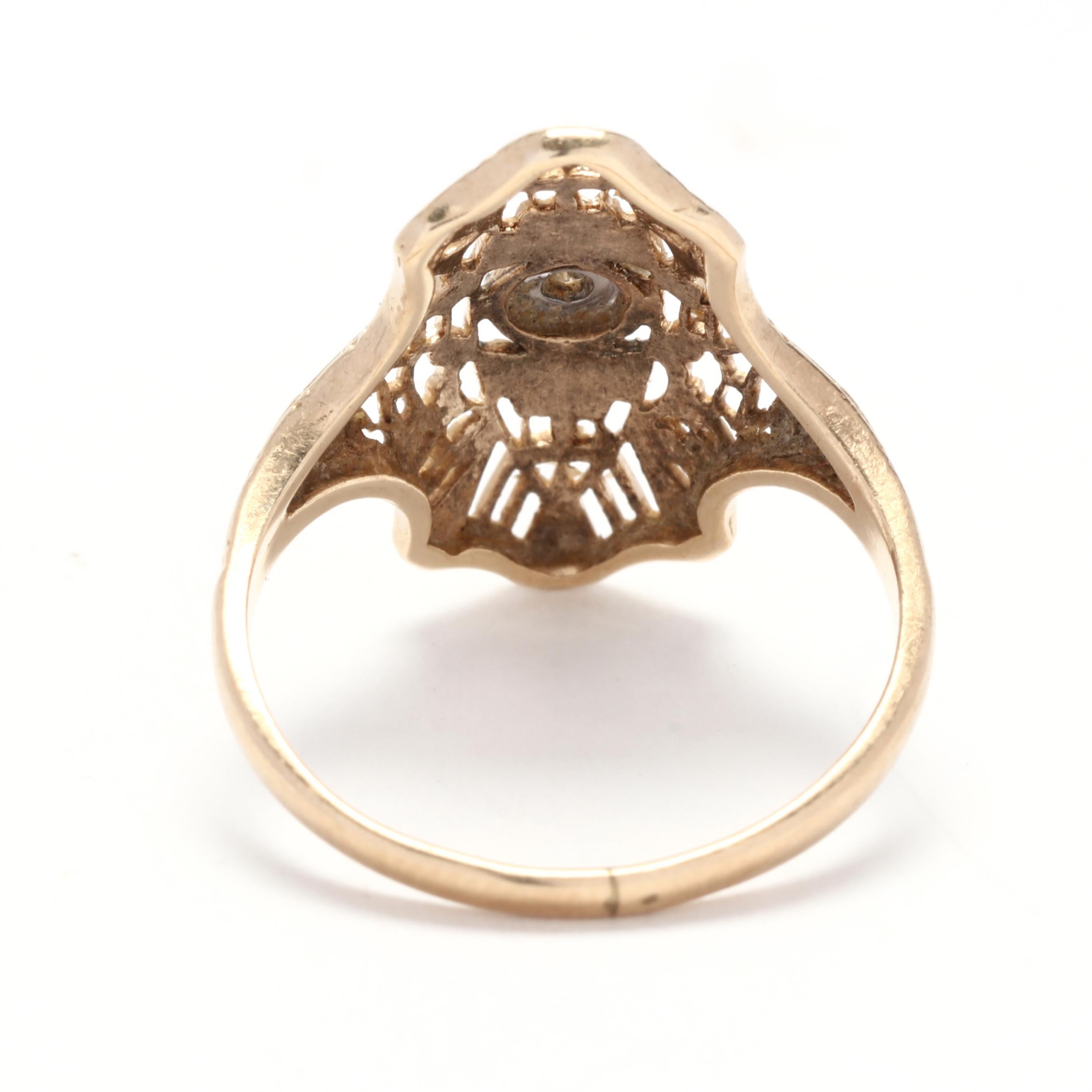 Single Cut Vintage Diamond Filigree Ring, 10K Yellow White Gold, Ring Size 5.25