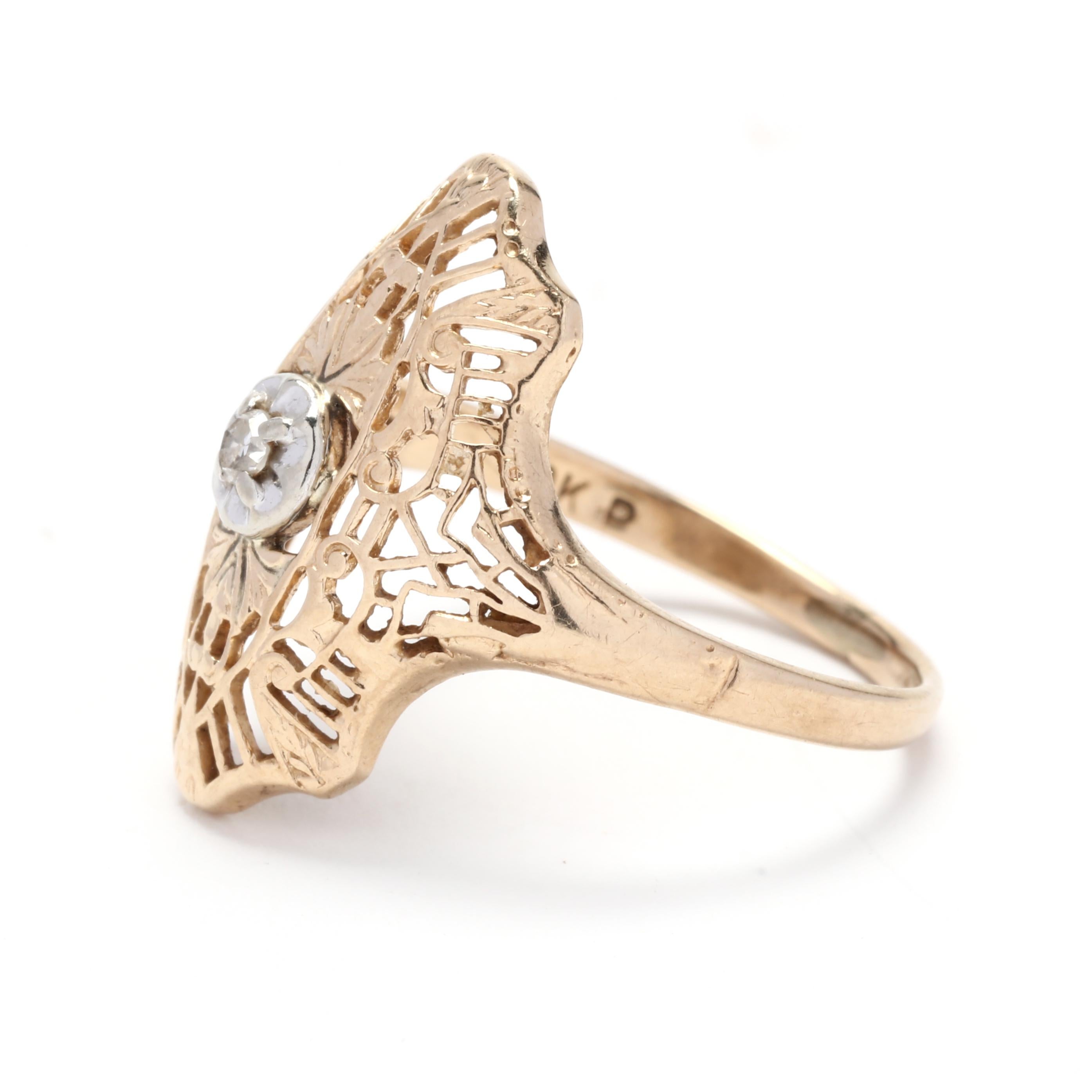 Vintage Diamond Filigree Ring, 10K Yellow White Gold, Ring Size 5.25 In Good Condition In McLeansville, NC