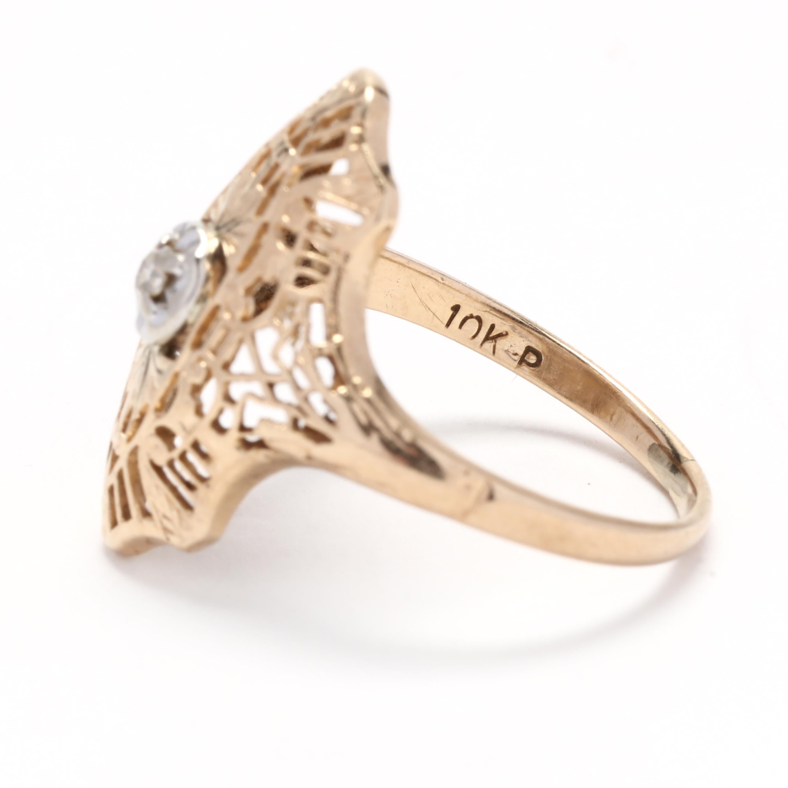 Women's or Men's Vintage Diamond Filigree Ring, 10K Yellow White Gold, Ring Size 5.25