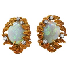 Vintage Diamond Fine Opal 18K Gold Flame Leaf Clip On Earrings