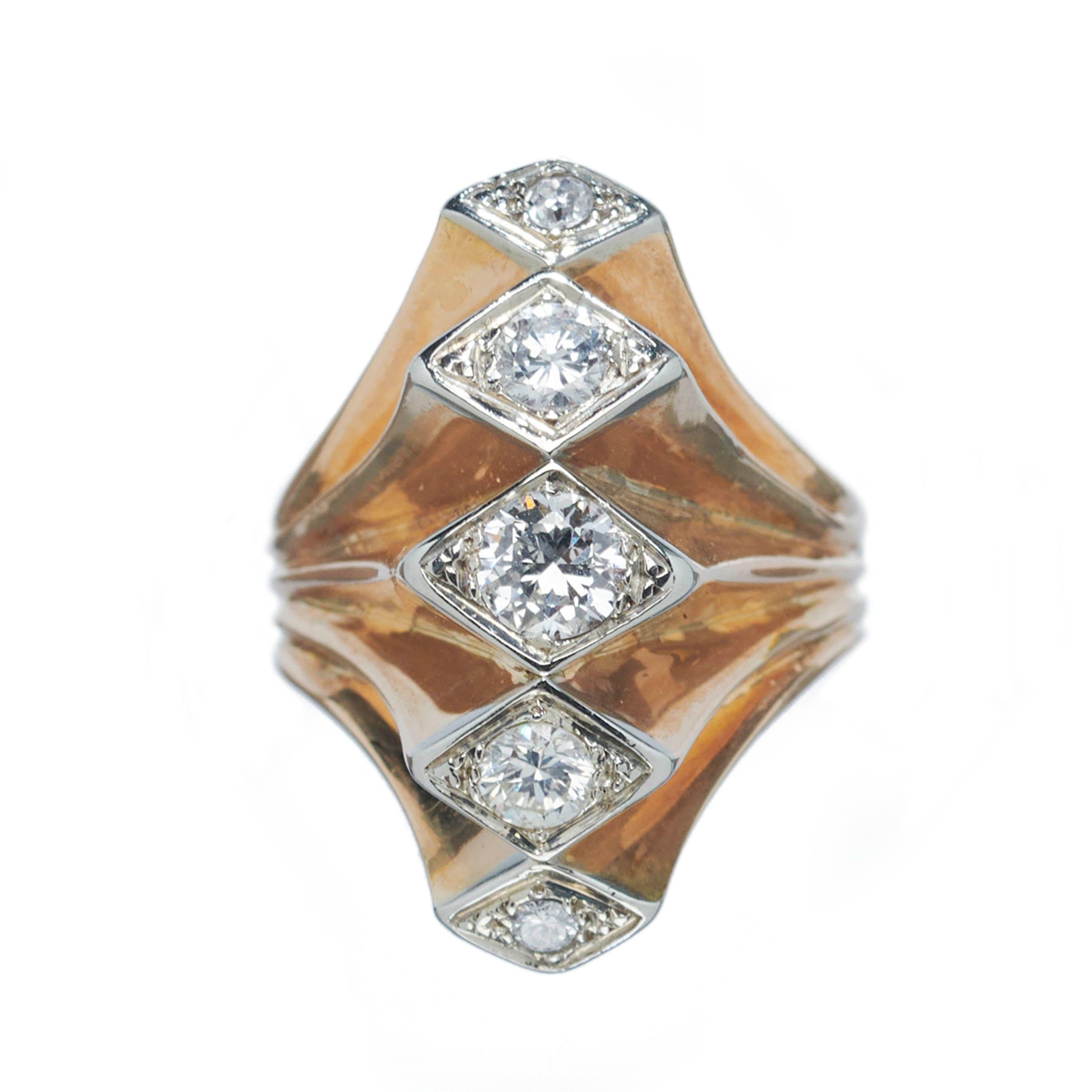 Post-War Vintage Diamond Five Row Fan Ring Gold, circa 1940 For Sale