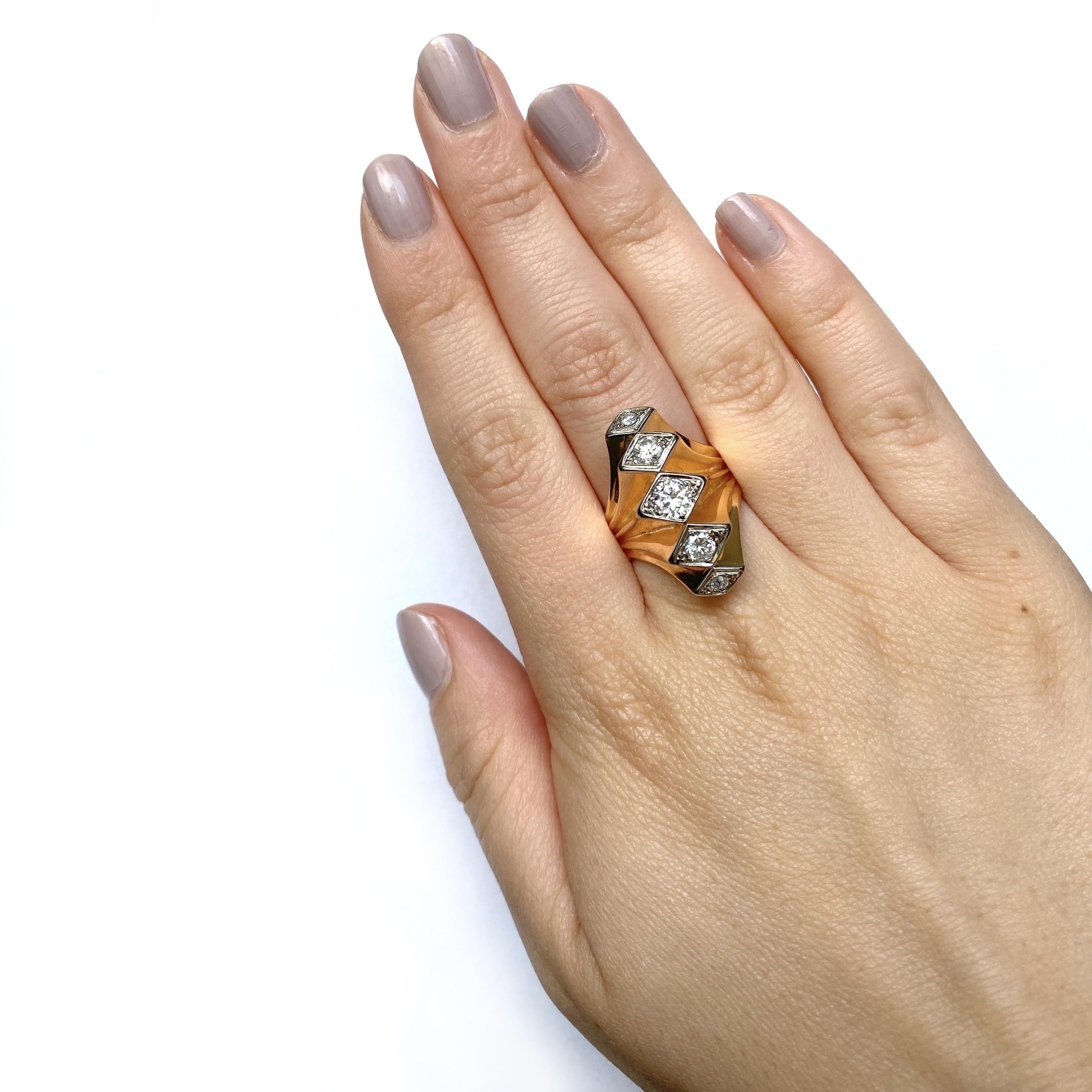 Brilliant Cut Vintage Diamond Five Row Fan Ring Gold, circa 1940