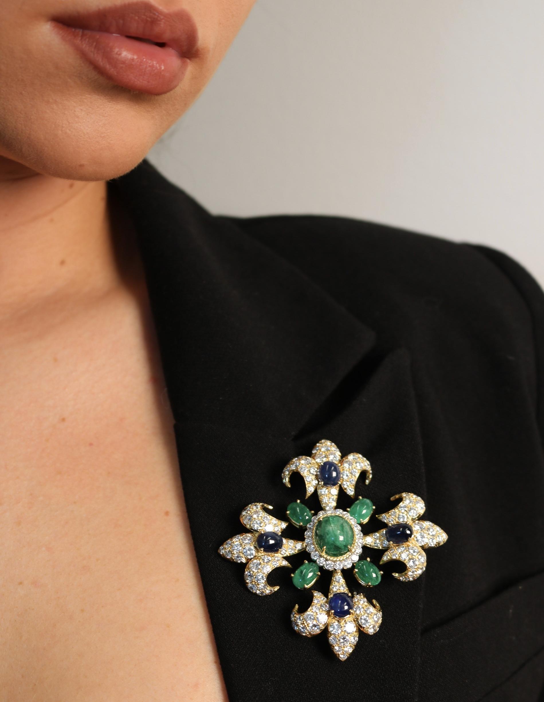Modern Vintage Diamond Fleur de Lis Pendant Brooch 18K Emeralds and Sapphires ~26.62ctw For Sale