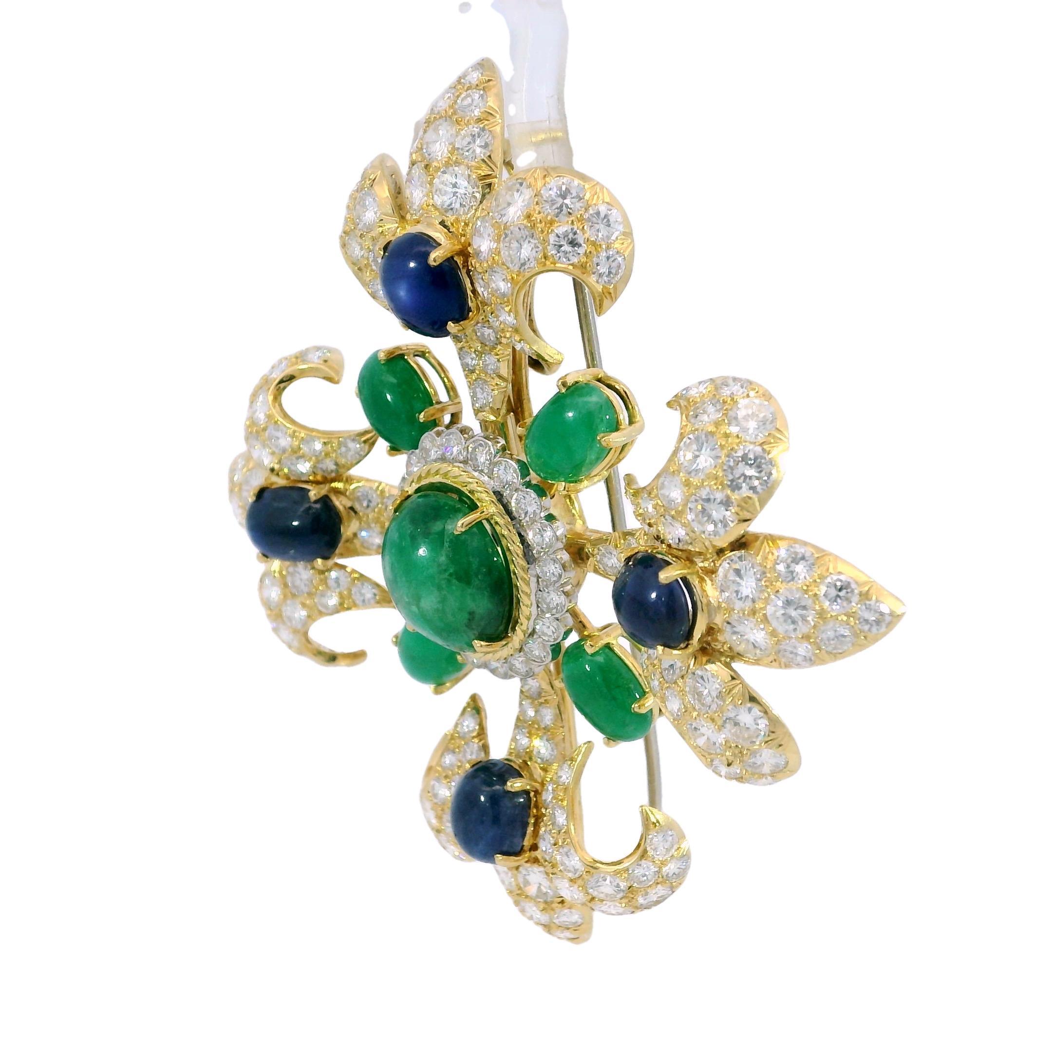 Round Cut Vintage Diamond Fleur de Lis Pendant Brooch 18K Emeralds and Sapphires ~26.62ctw For Sale