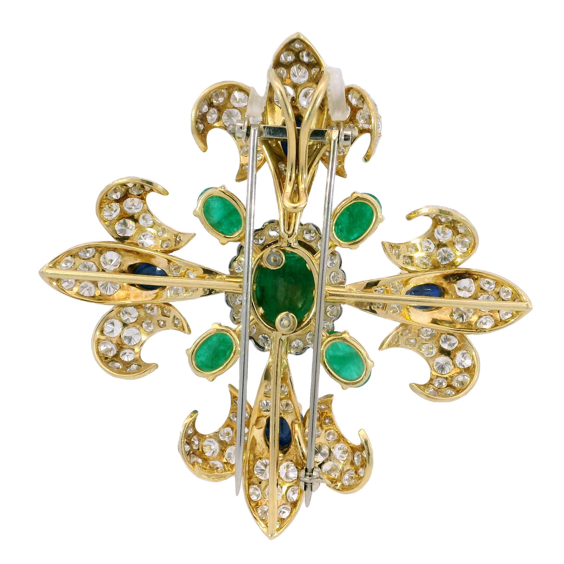Vintage Diamond Fleur de Lis Pendant Brooch 18K Emeralds and Sapphires ~26.62ctw In Excellent Condition For Sale In Fairfield, CT