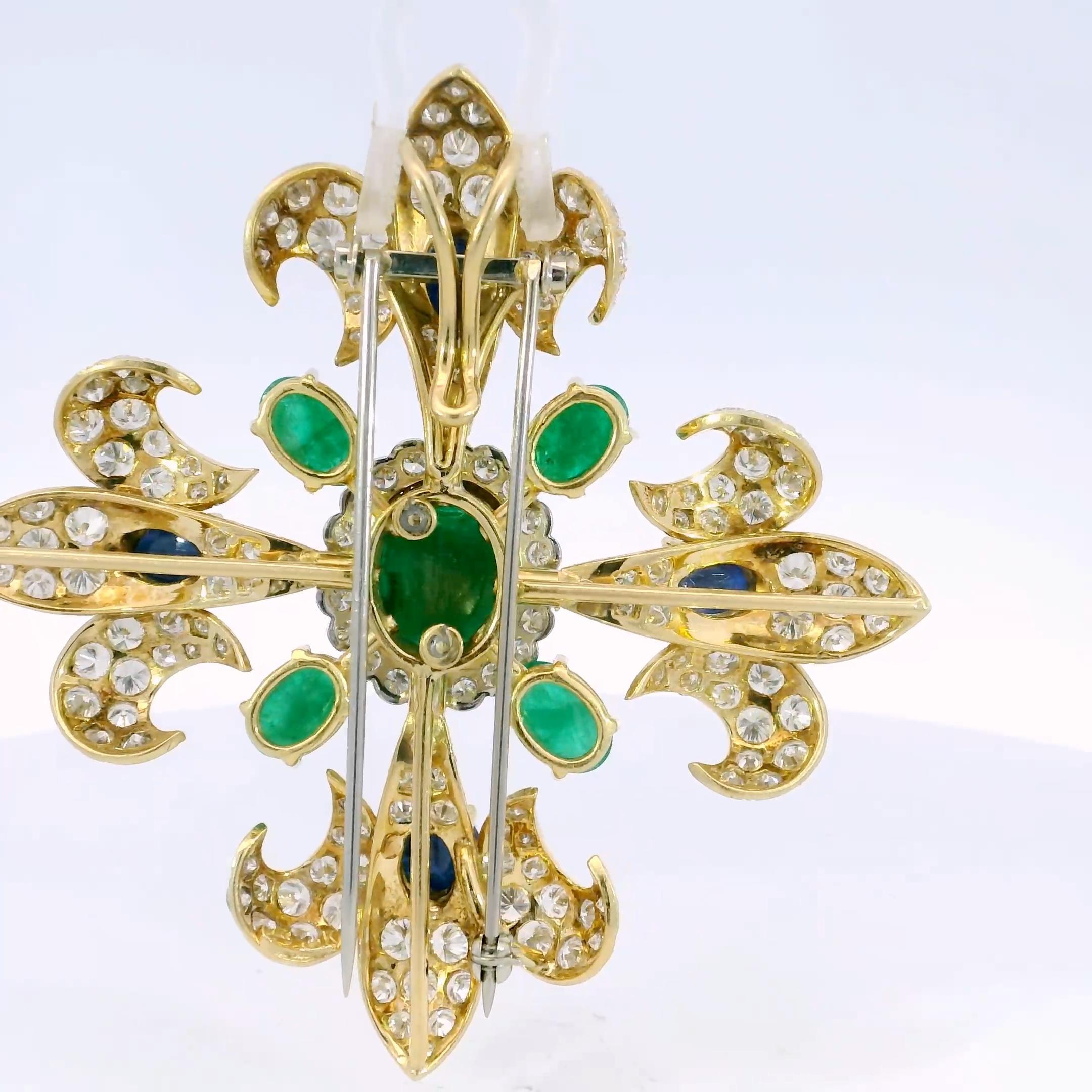 Vintage Diamond Fleur de Lis Pendant Brooch 18K Emeralds and Sapphires ~26.62ctw For Sale 1