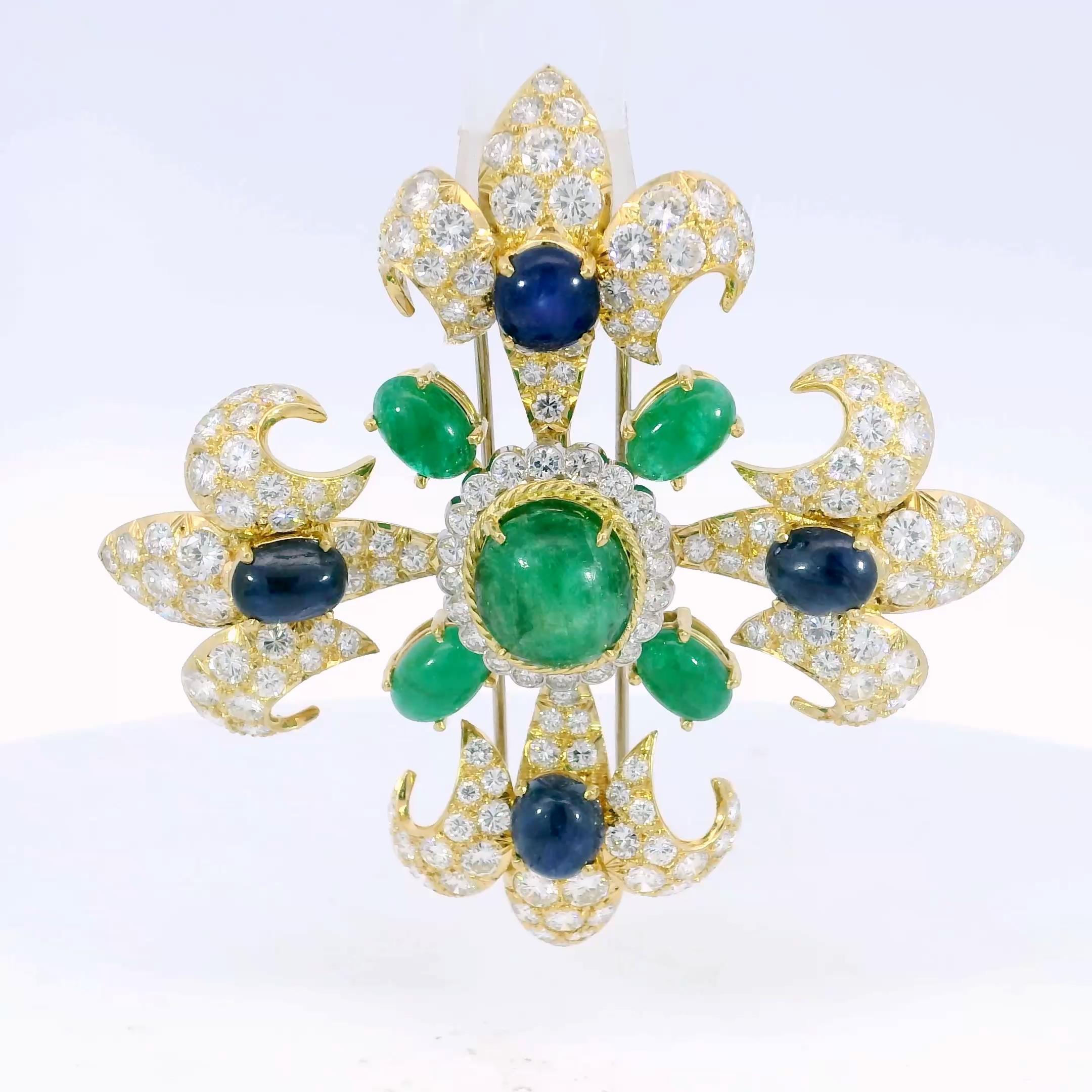 Vintage Diamond Fleur de Lis Pendant Brooch 18K Emeralds and Sapphires ~26.62ctw For Sale 2