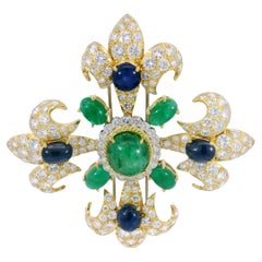 Vintage Diamond Fleur de Lis Pendant Brooch 18K Emeralds and Sapphires ~26.62ctw