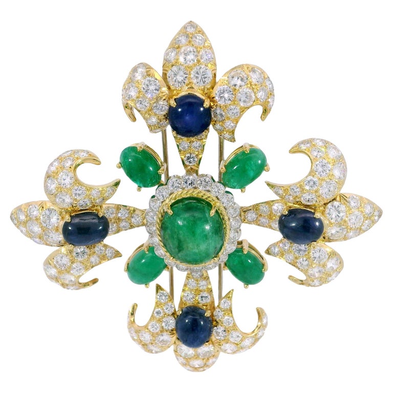 Broche Or 18 Carats Saphirs Et émeraude - Occasion En Parfait état, Pierres Naturelles