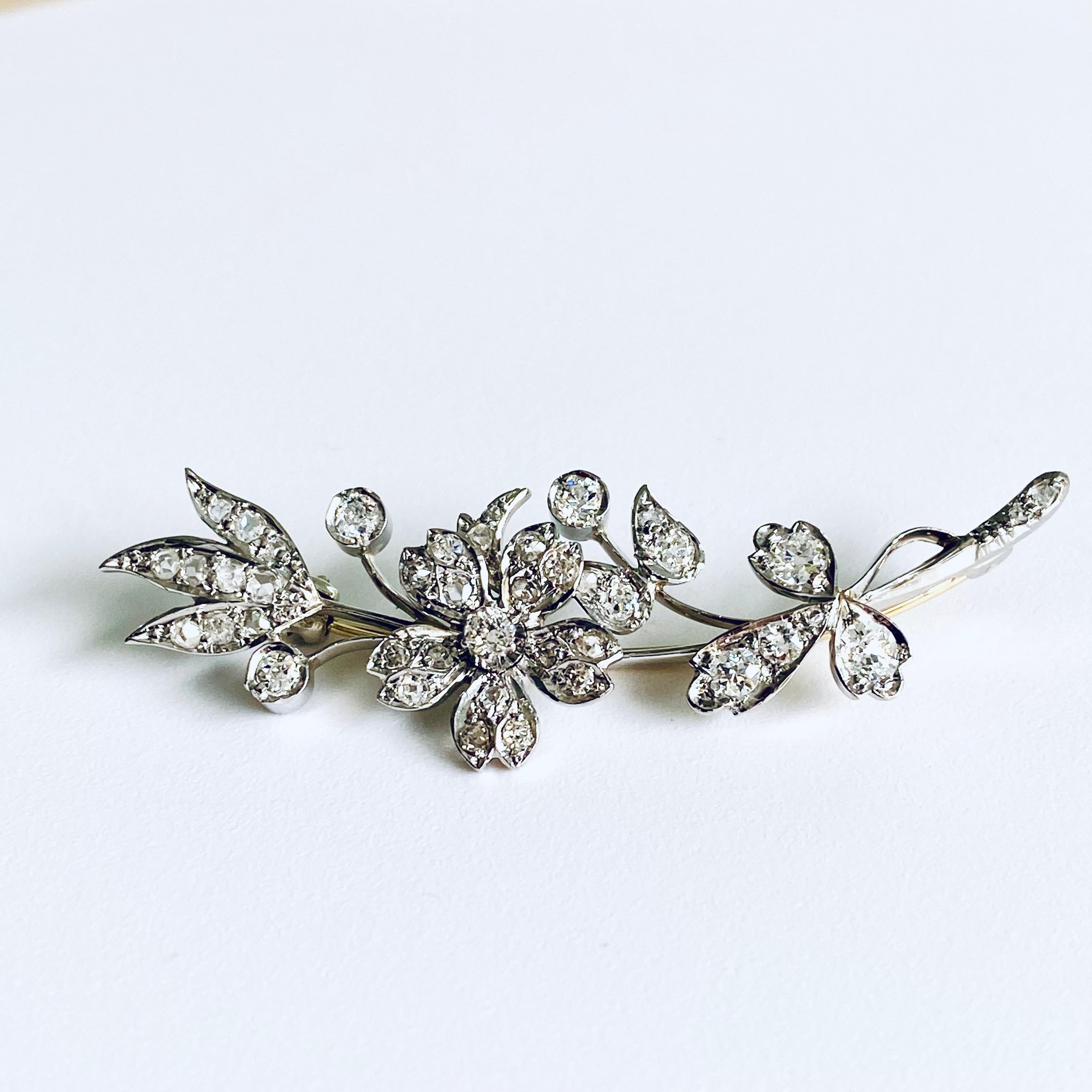 Vintage Diamond Floral Brooch in Platinum and Yellow Gold  3