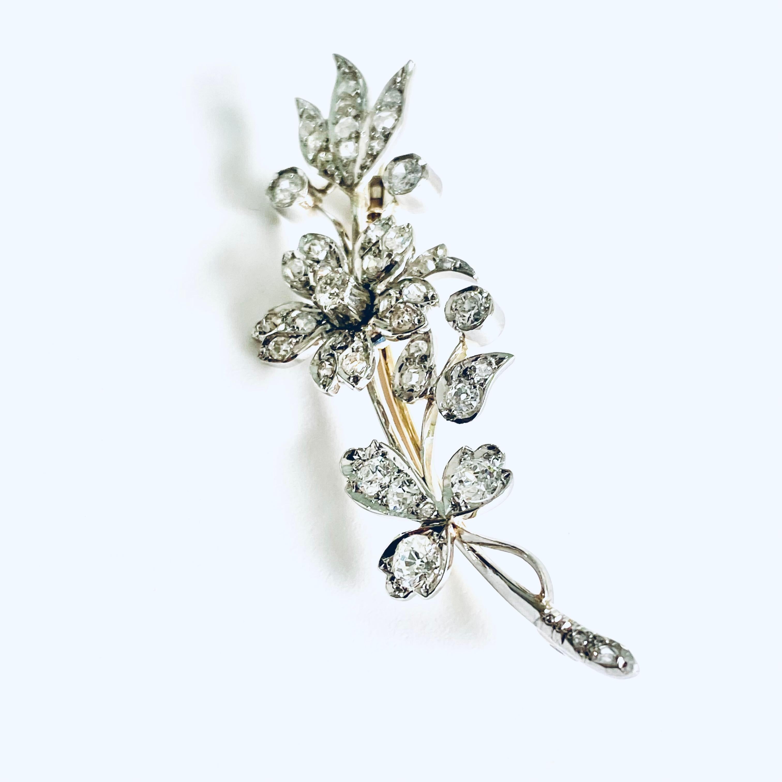 Vintage Diamond Floral Brooch in Platinum and Yellow Gold  4