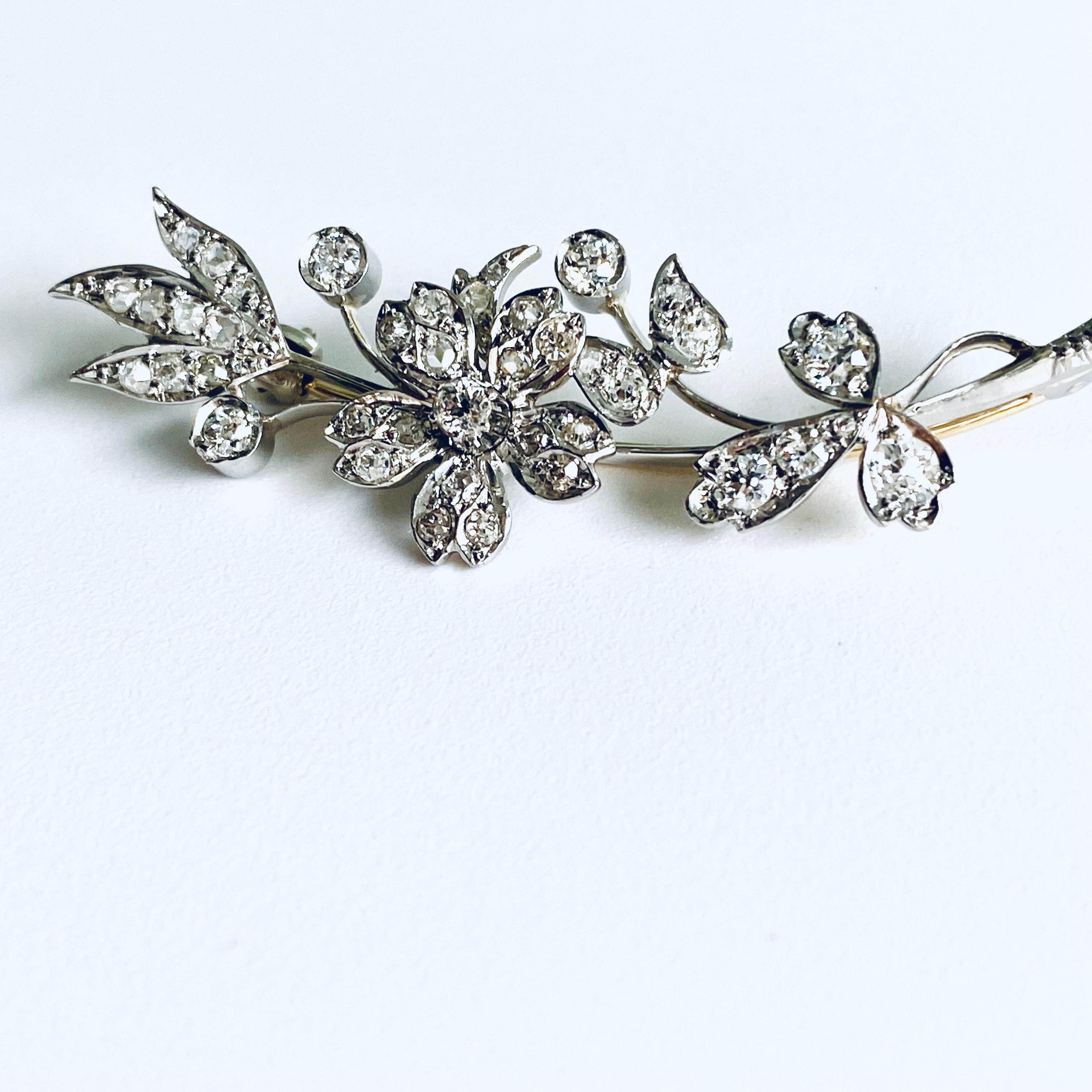 Vintage Diamond Floral Brooch in Platinum and Yellow Gold  6