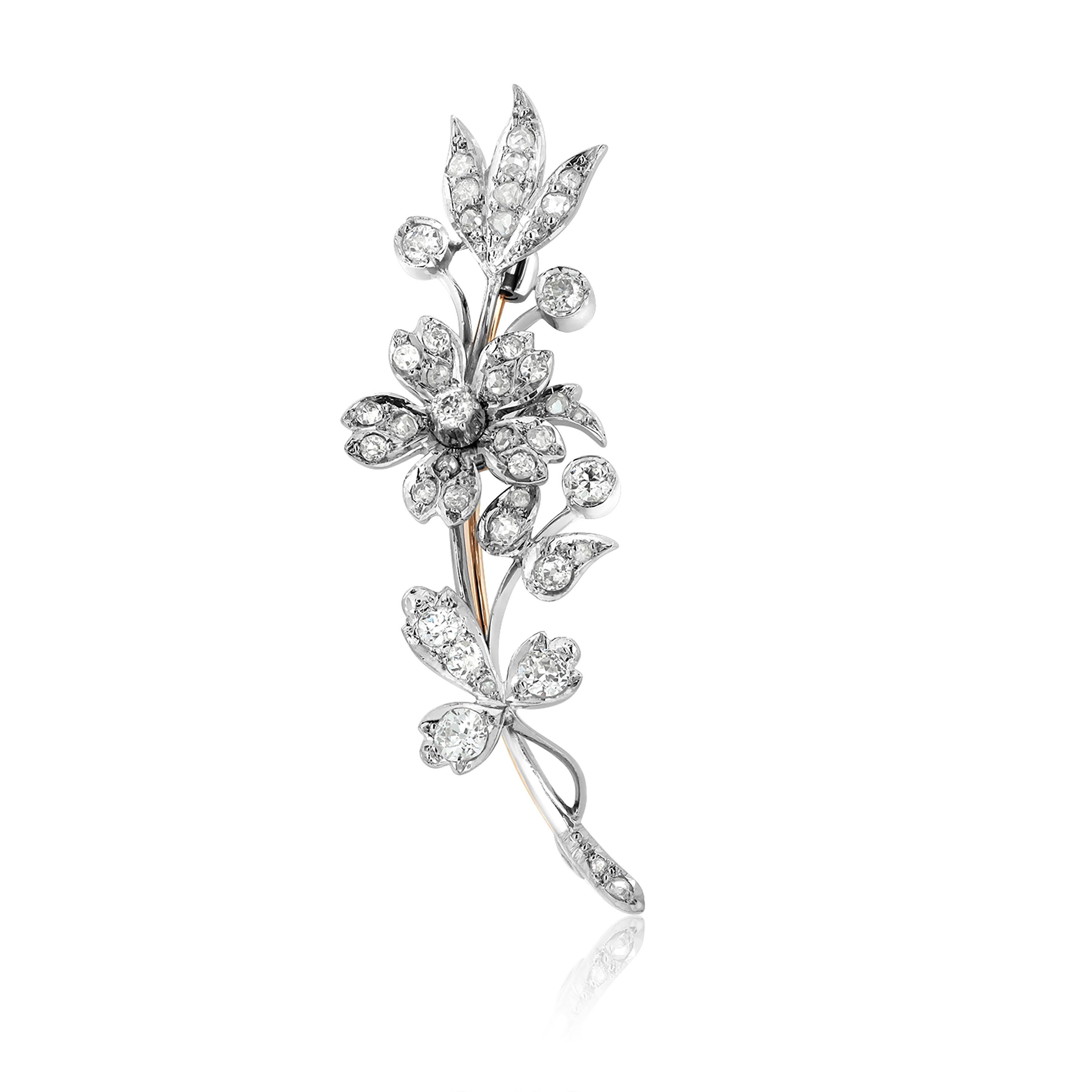 Victorian Vintage Diamond Floral Brooch in Platinum and Yellow Gold 