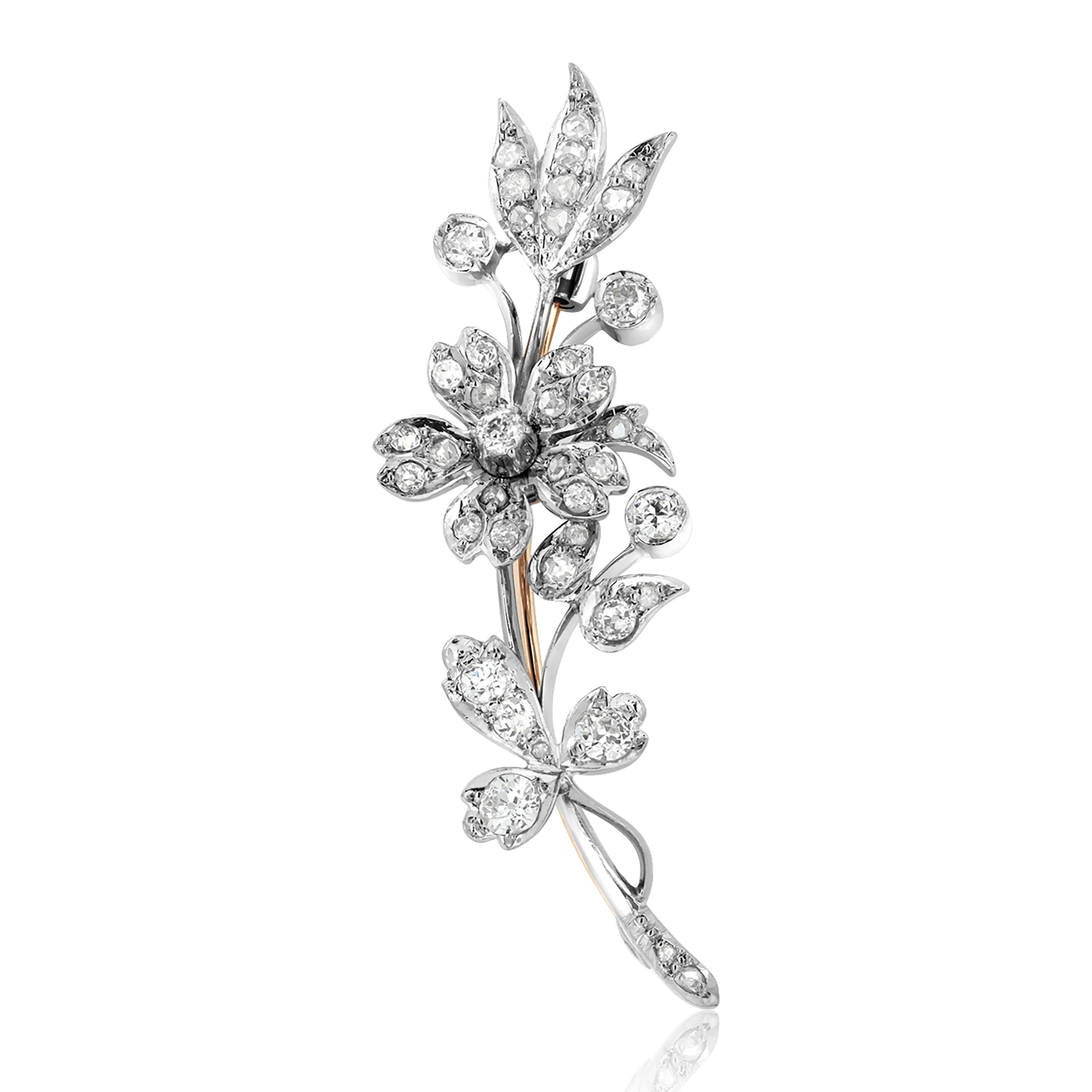 Vintage Diamond Floral Brooch in Platinum and Yellow Gold  In Good Condition In New York, NY