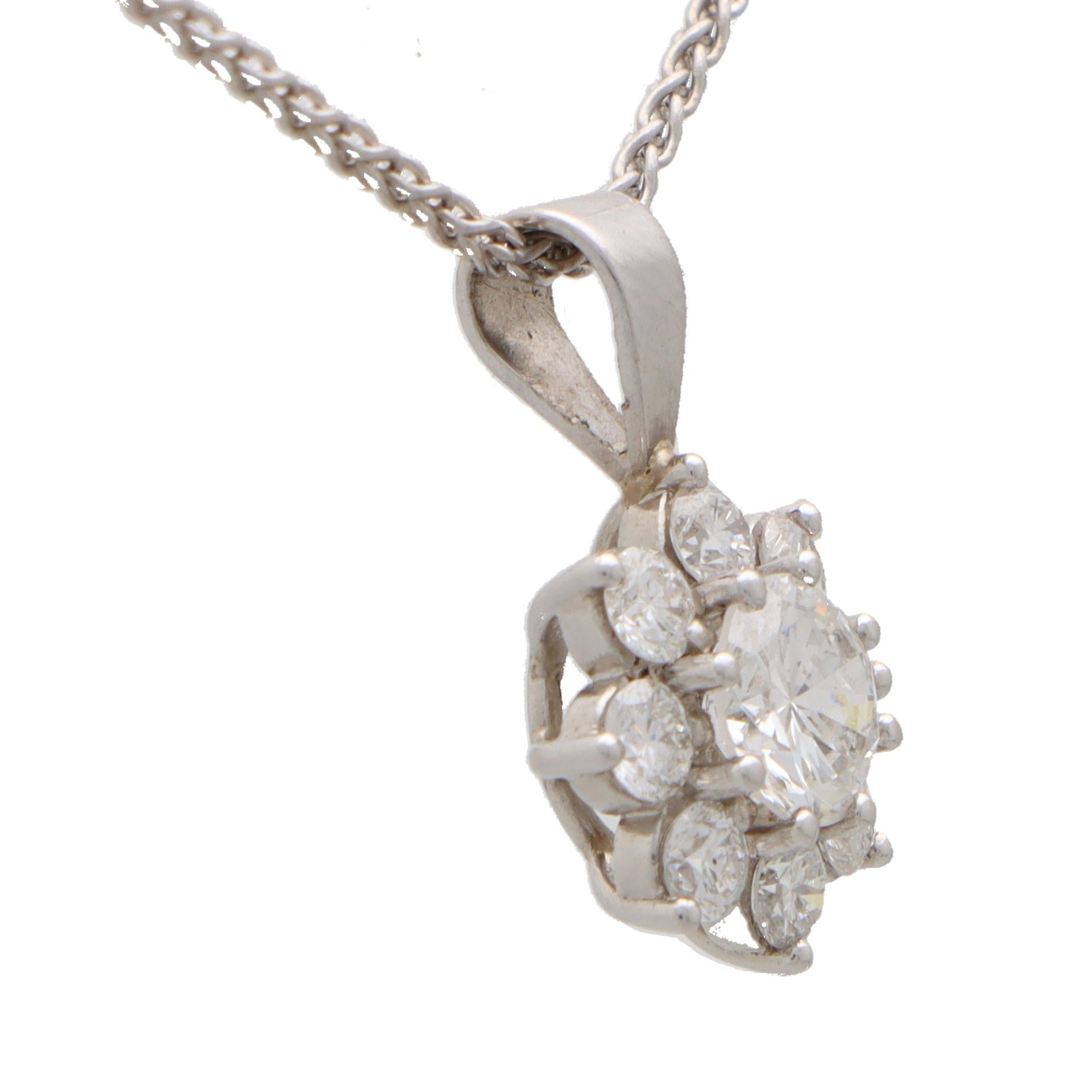 Modern Vintage Diamond Floral Cluster Pendant Necklace in White Gold