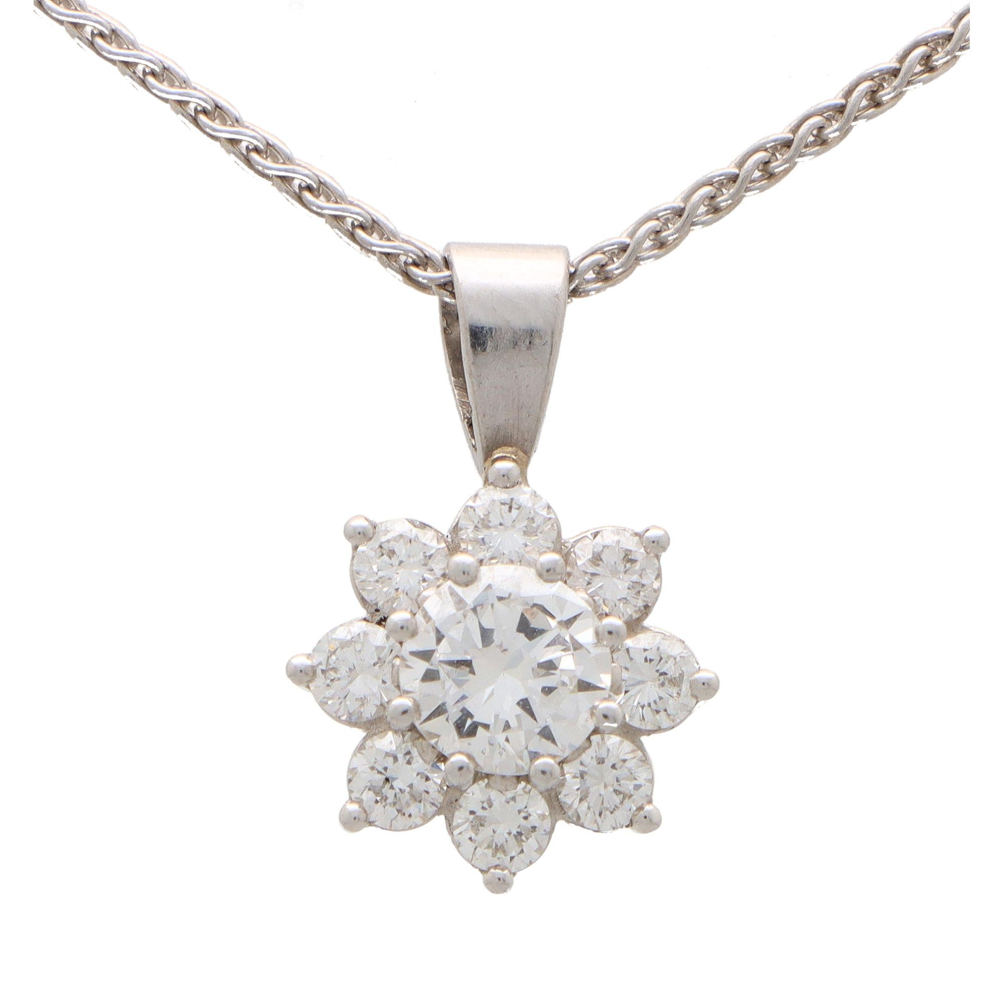 Round Cut Vintage Diamond Floral Cluster Pendant Necklace in White Gold