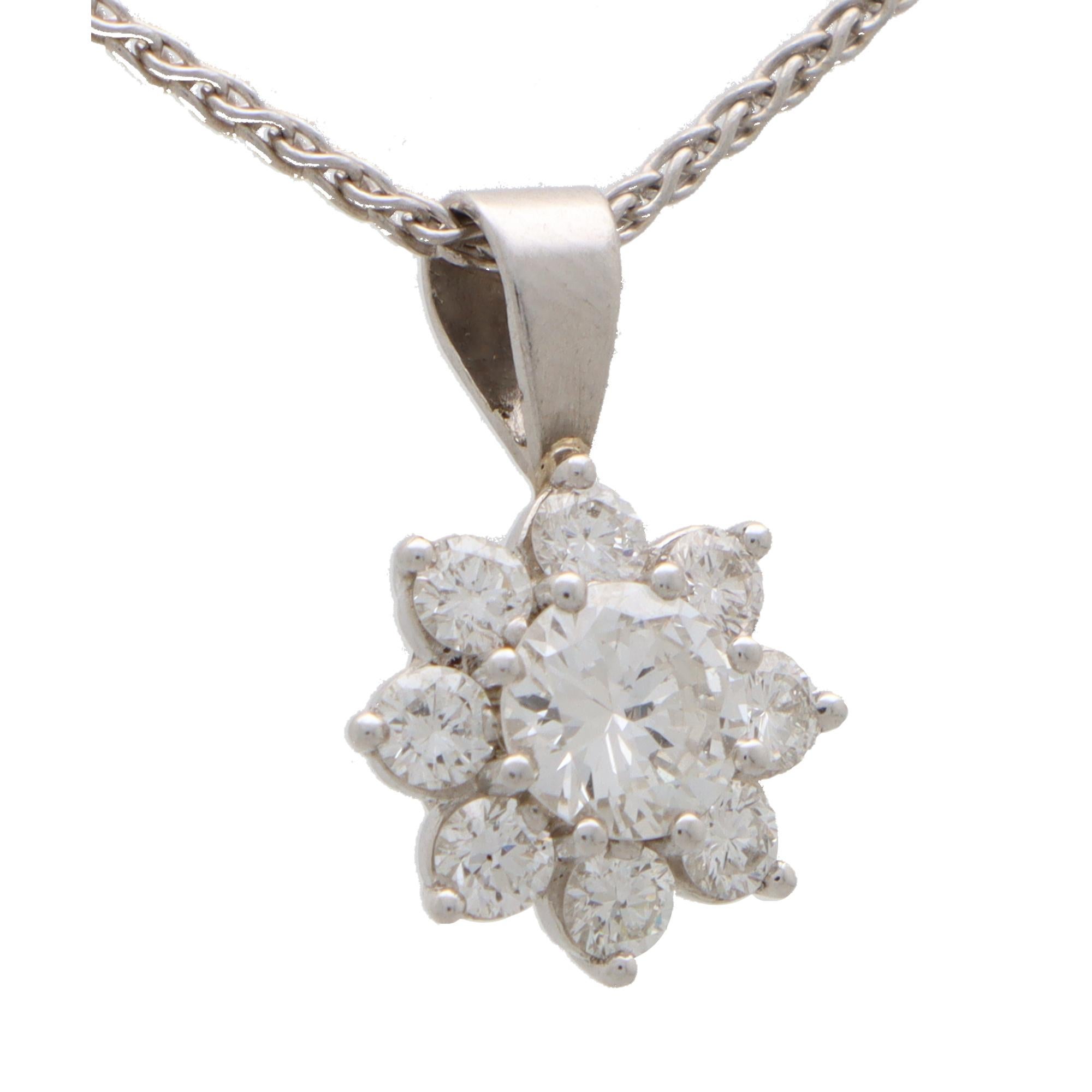 Vintage Diamond Floral Cluster Pendant Necklace in White Gold In Excellent Condition In London, GB