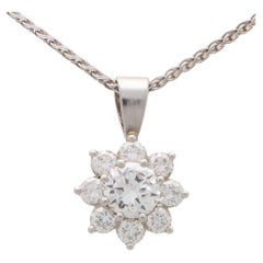 Vintage Diamond Floral Cluster Pendant Necklace in White Gold