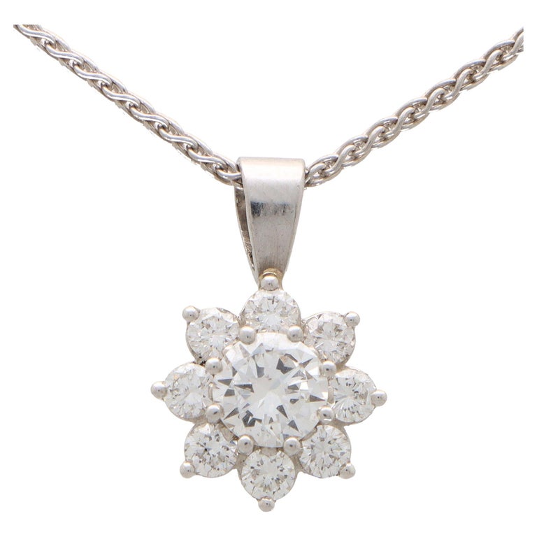 Vintage Diamond Floral Cluster Pendant Necklace in White Gold For Sale at 1stDibs