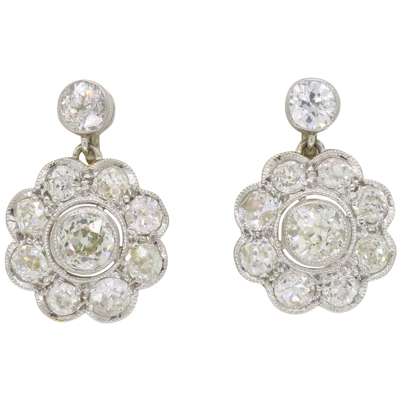 Vintage Diamond Floral Earrings in Platinum and Yellow Gold