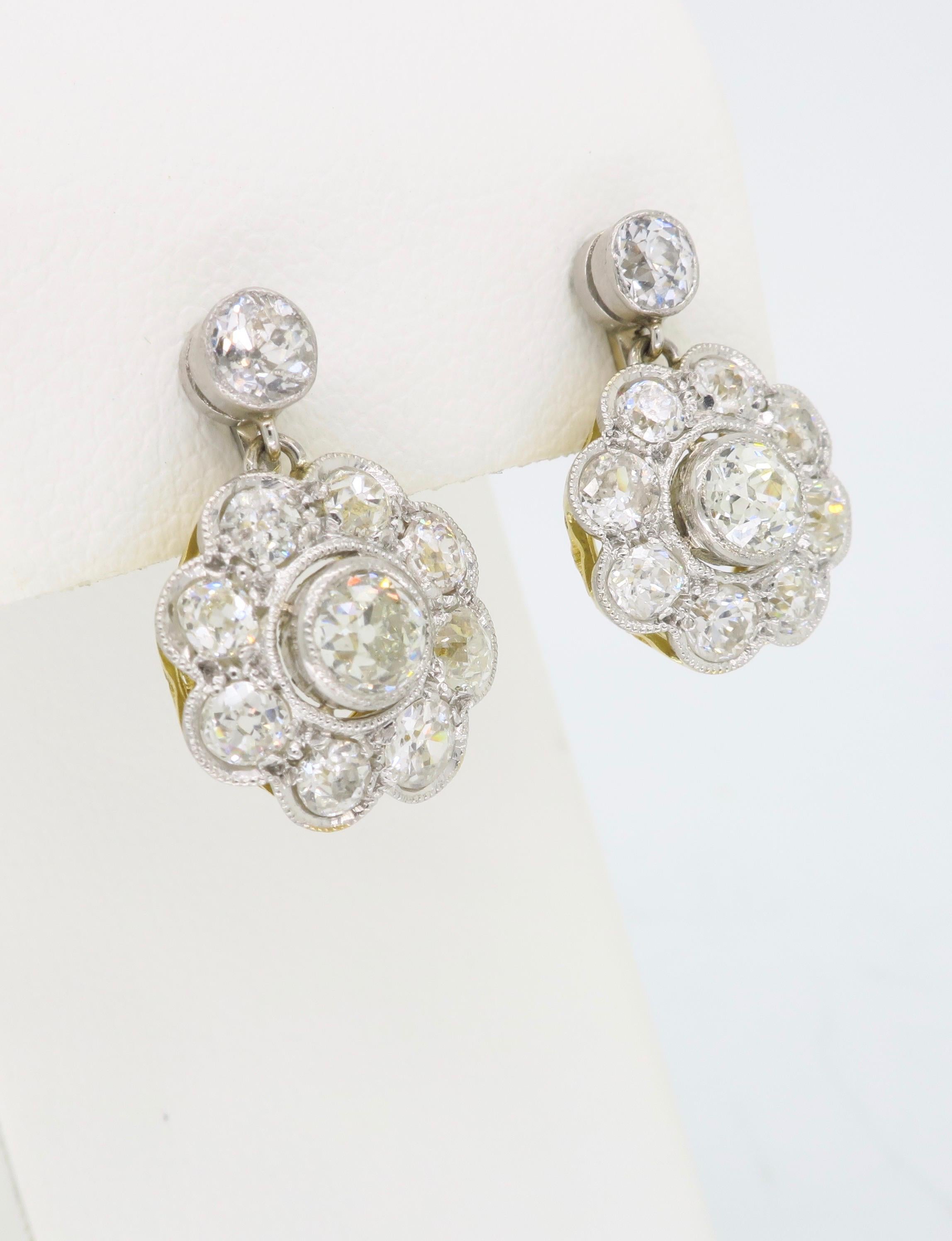 Round Cut Vintage Diamond Floral Earrings in Platinum and Yellow Gold