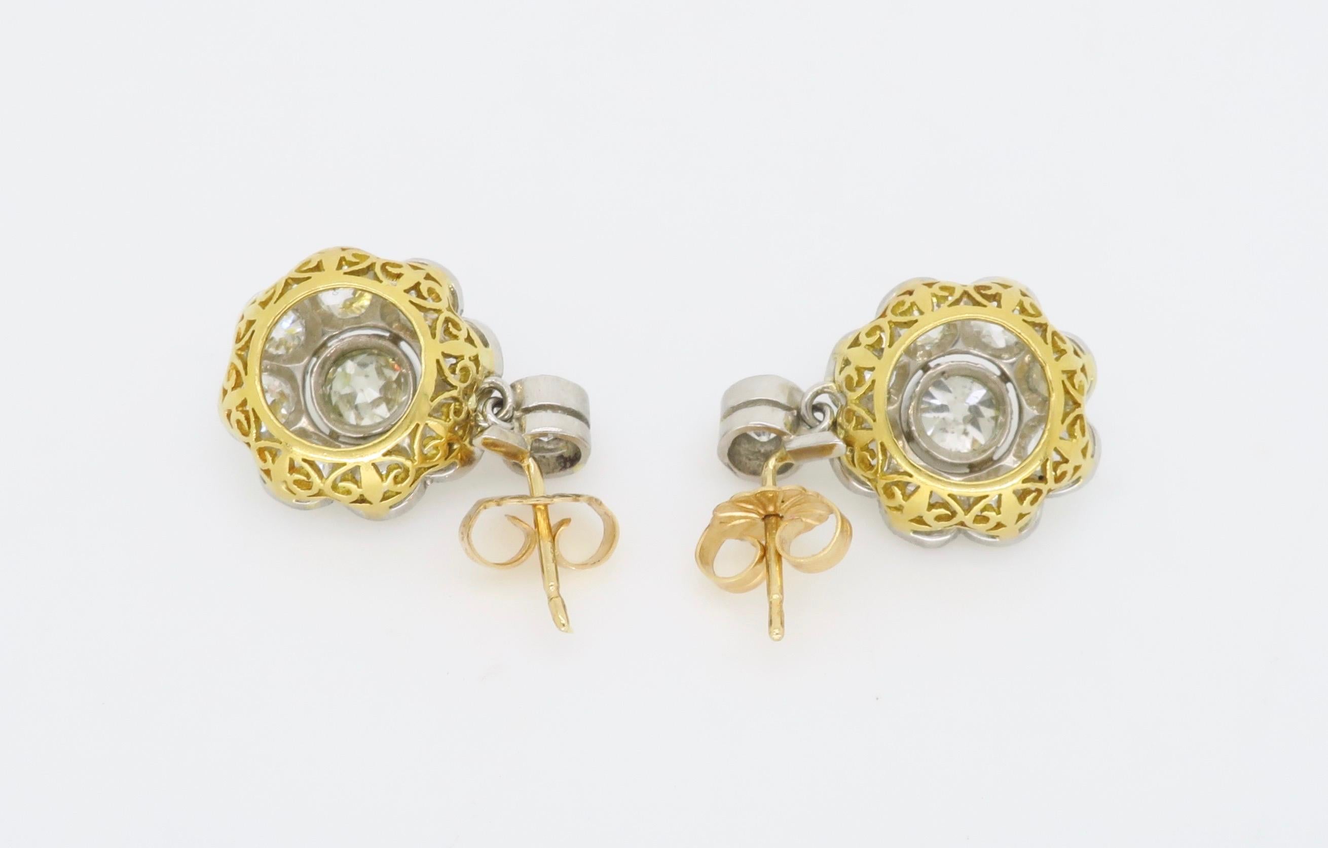 Vintage Diamond Floral Earrings in Platinum and Yellow Gold In Good Condition In Webster, NY
