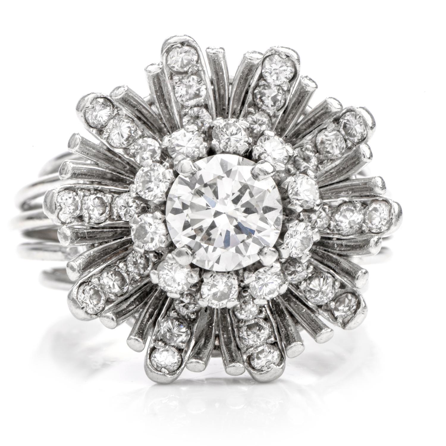 Retro Vintage Diamond Floral Motif Platinum 18 Karat Cocktail Engagement Ring