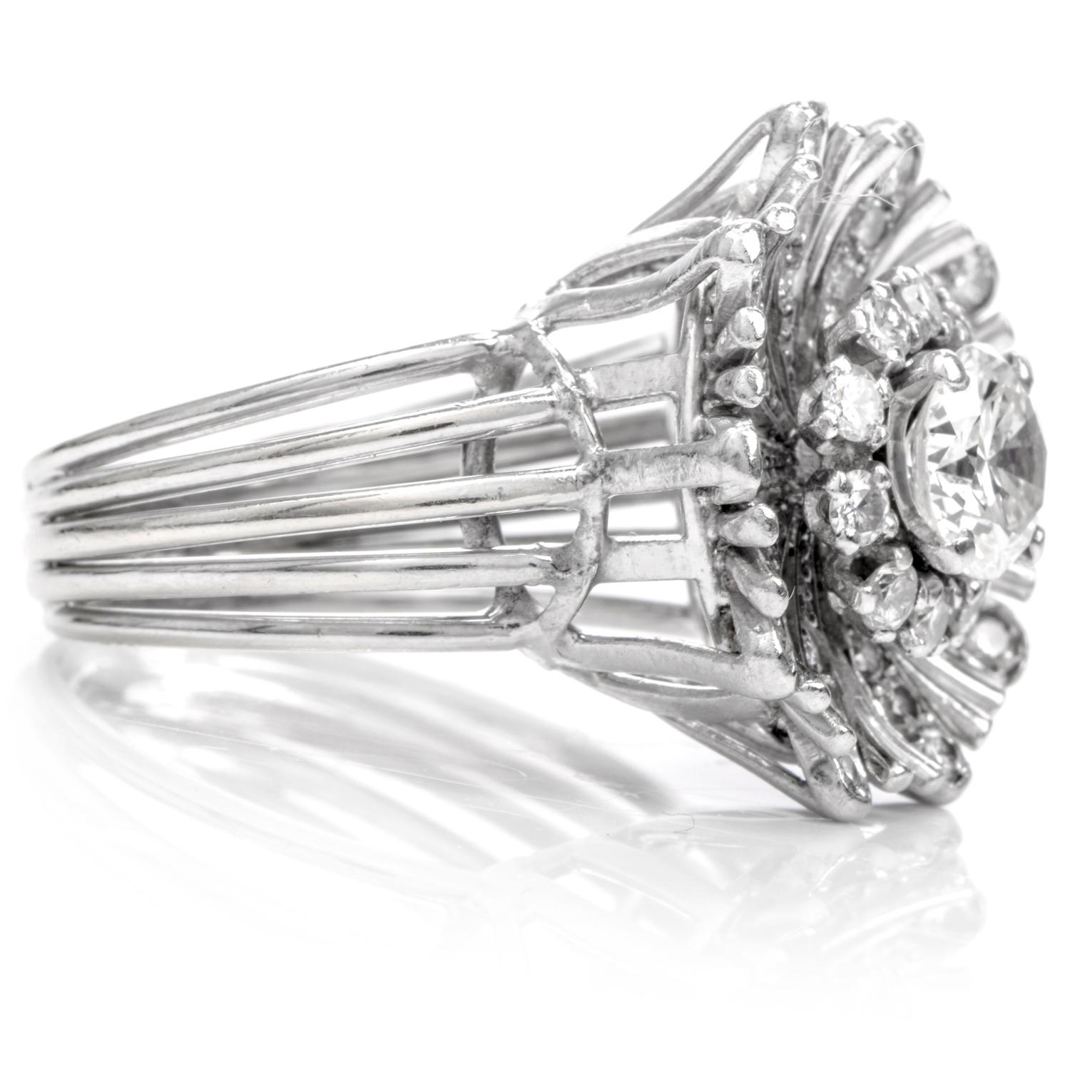 Baguette Cut Vintage Diamond Floral Motif Platinum 18 Karat Cocktail Engagement Ring