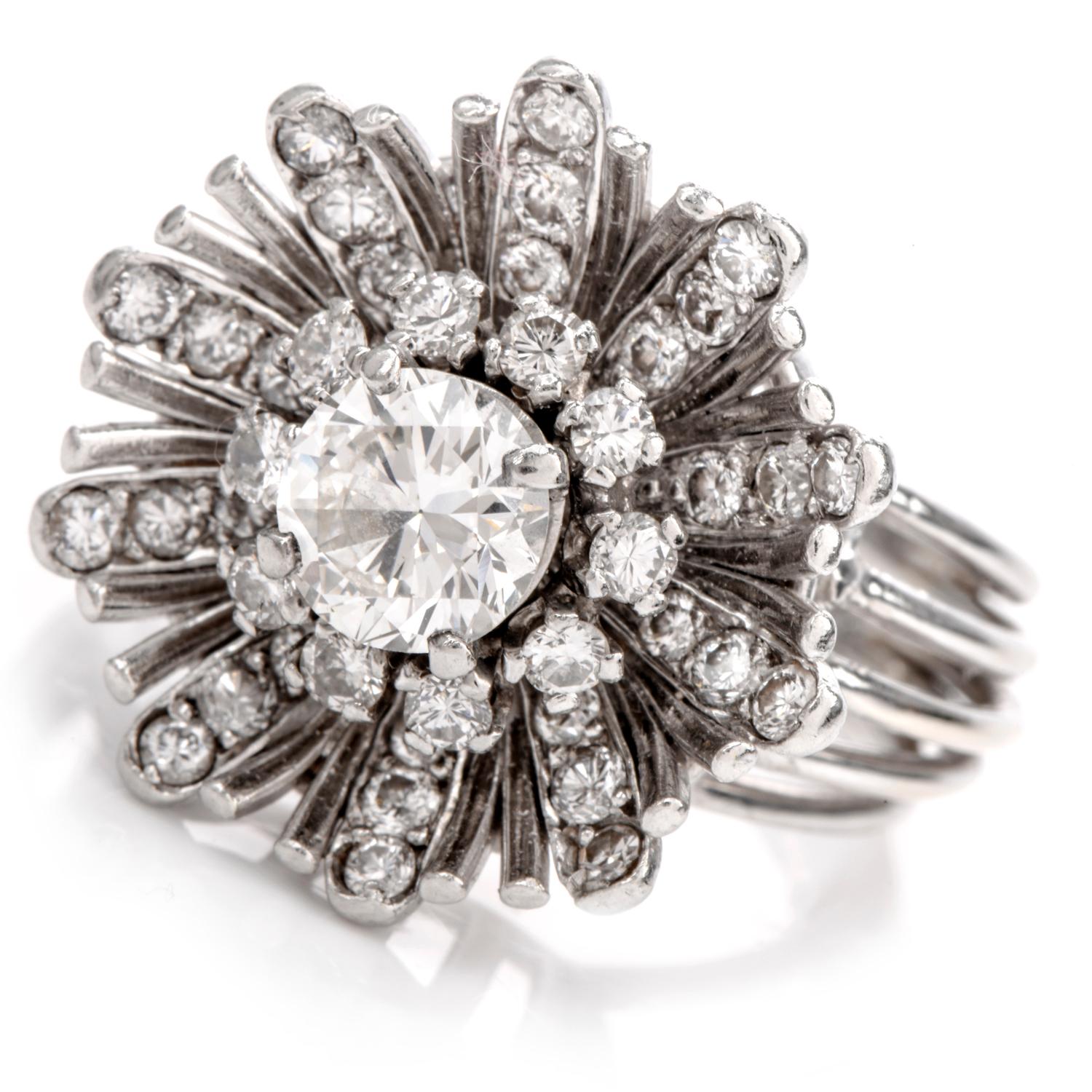 Women's Vintage Diamond Floral Motif Platinum 18 Karat Cocktail Engagement Ring