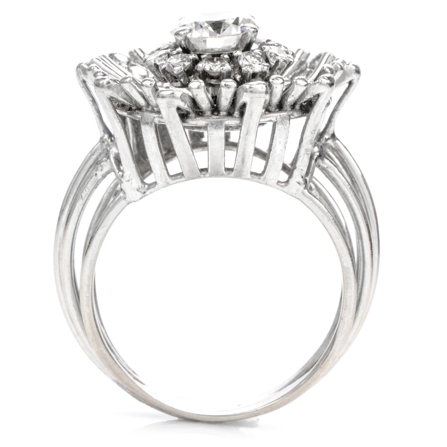 Vintage Diamond Floral Motif Platinum 18 Karat Cocktail Engagement Ring 1