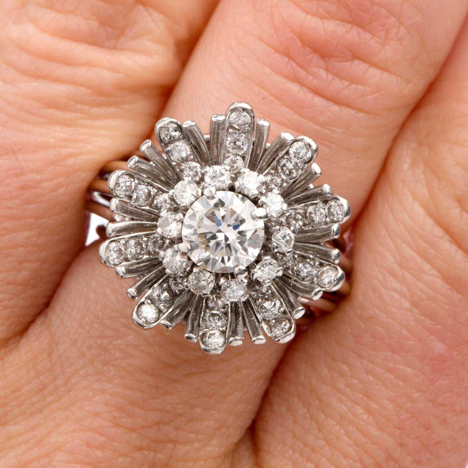 Vintage Diamond Floral Motif Platinum 18 Karat Cocktail Engagement Ring 2