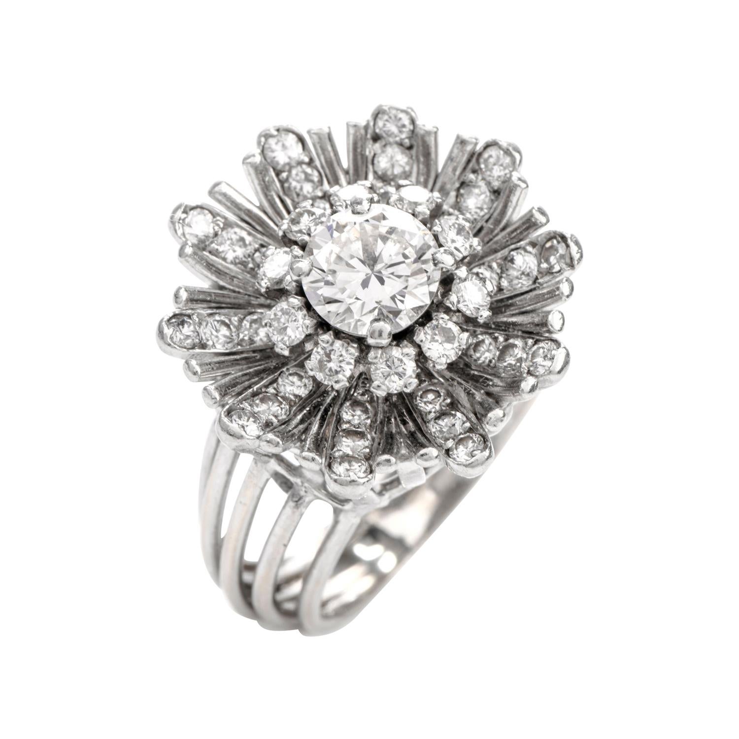 Vintage Diamond Floral Motif Platinum 18 Karat Cocktail Engagement Ring
