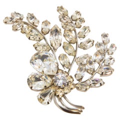 Vintage Diamond Floral Spray Brooch in Silver-Tone Metal  Mid-Century Costume
