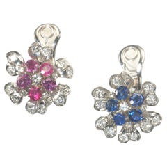 Vintage Diamond Flower Earrings with Sapphire and Ruby in Platinum