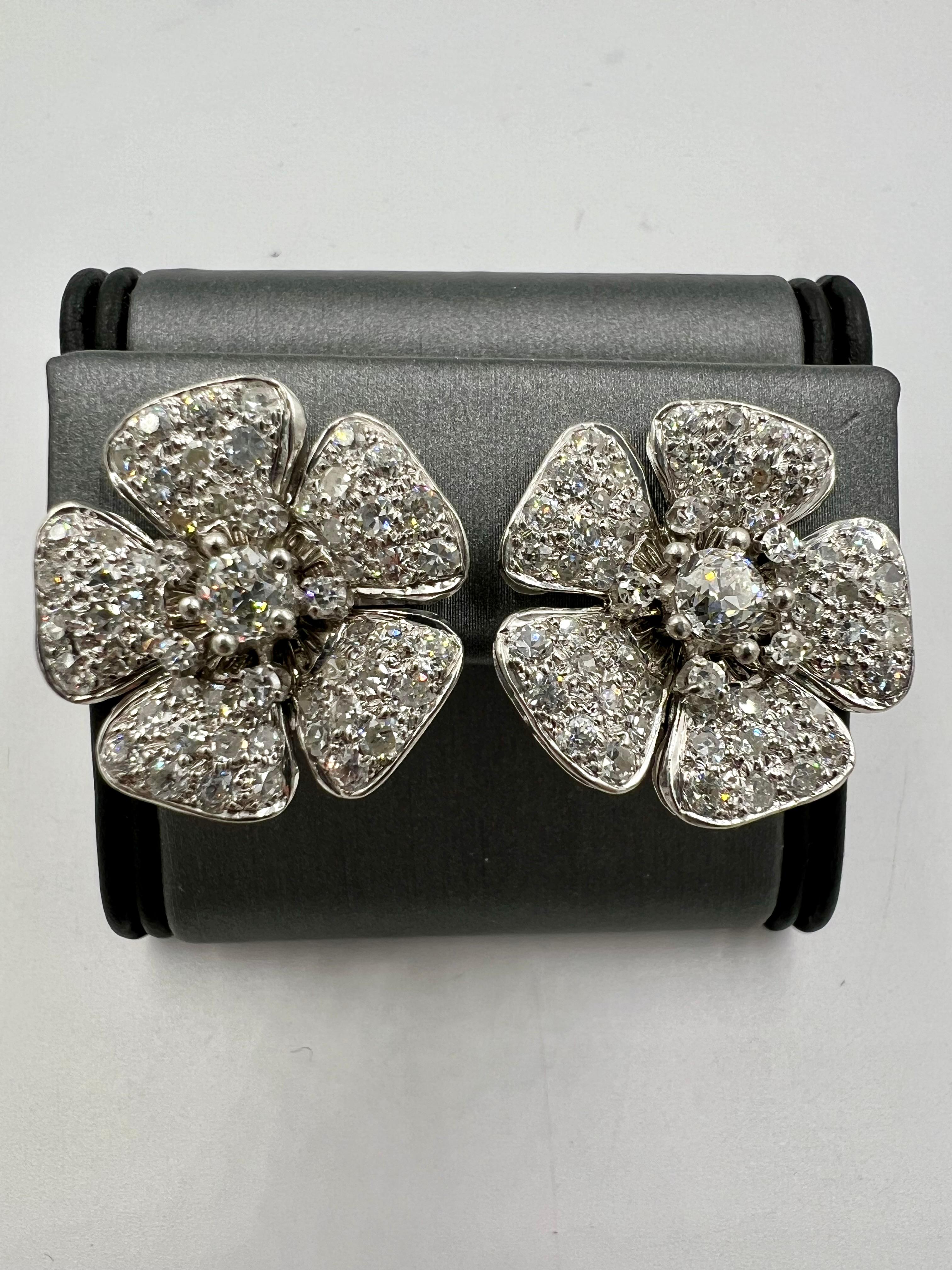 Modern Vintage Diamond Flower Platinum Clip On Earrings For Sale