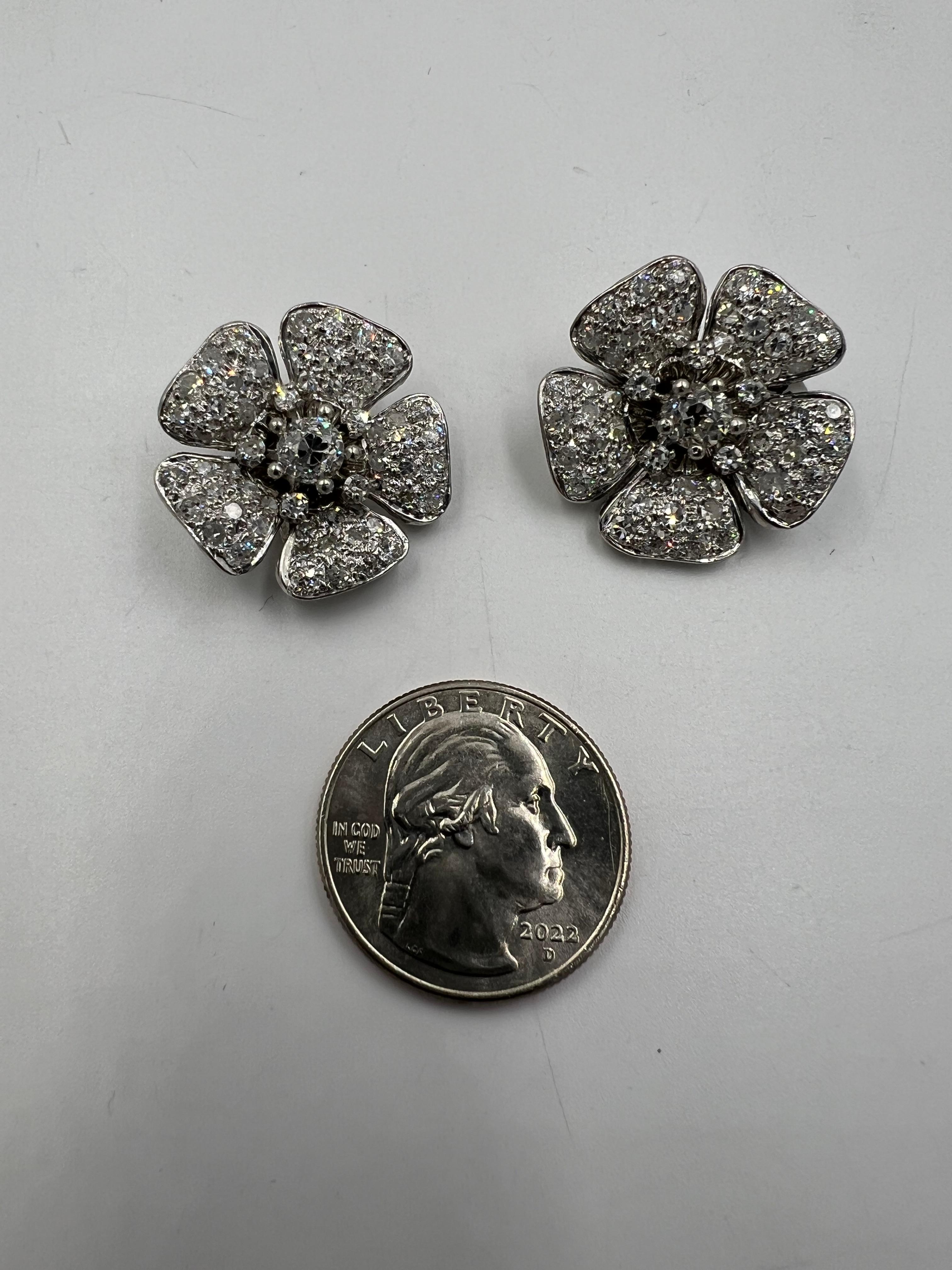 Round Cut Vintage Diamond Flower Platinum Clip On Earrings For Sale