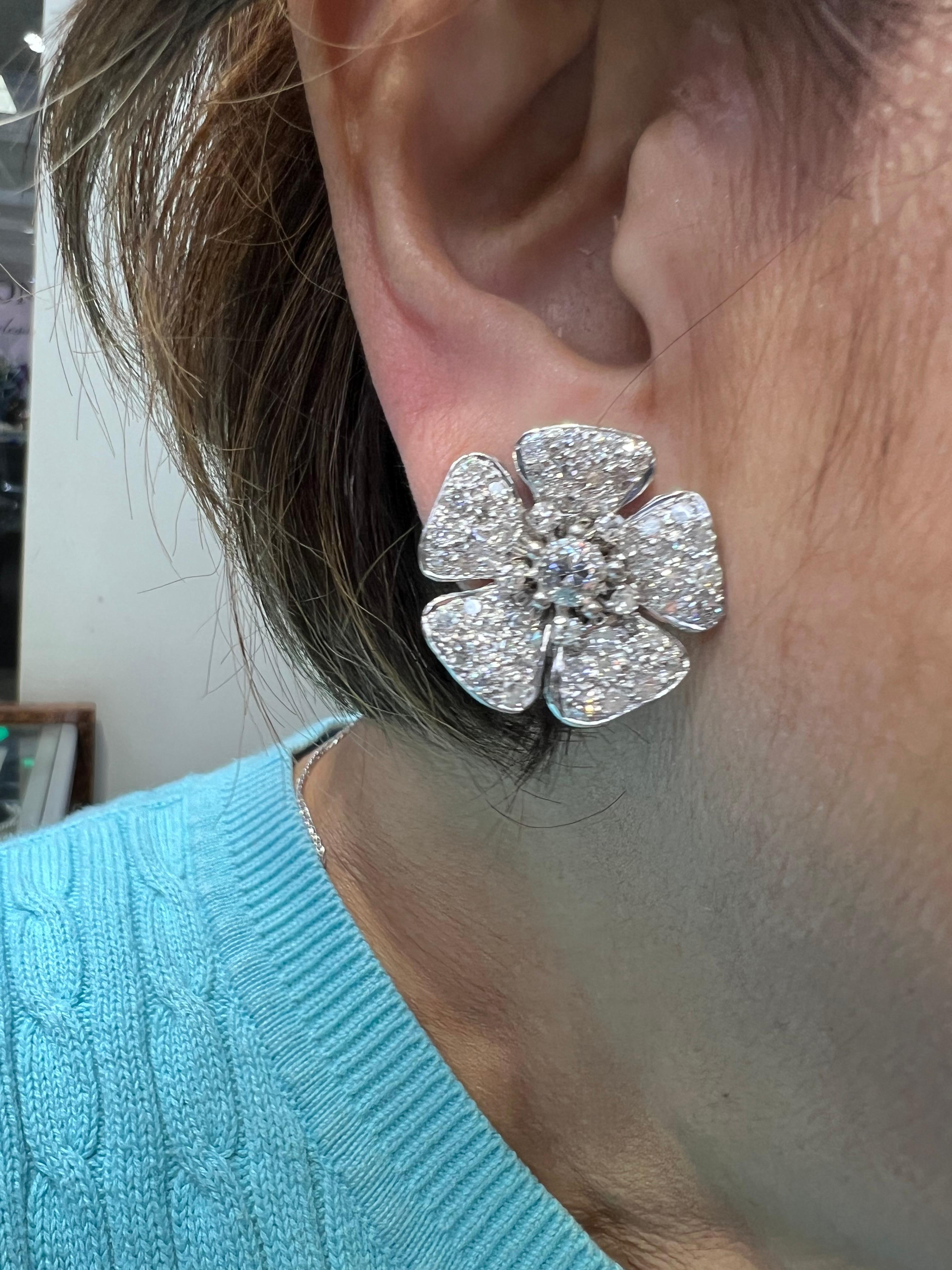 Vintage Diamond Flower Platinum Clip On Earrings 1