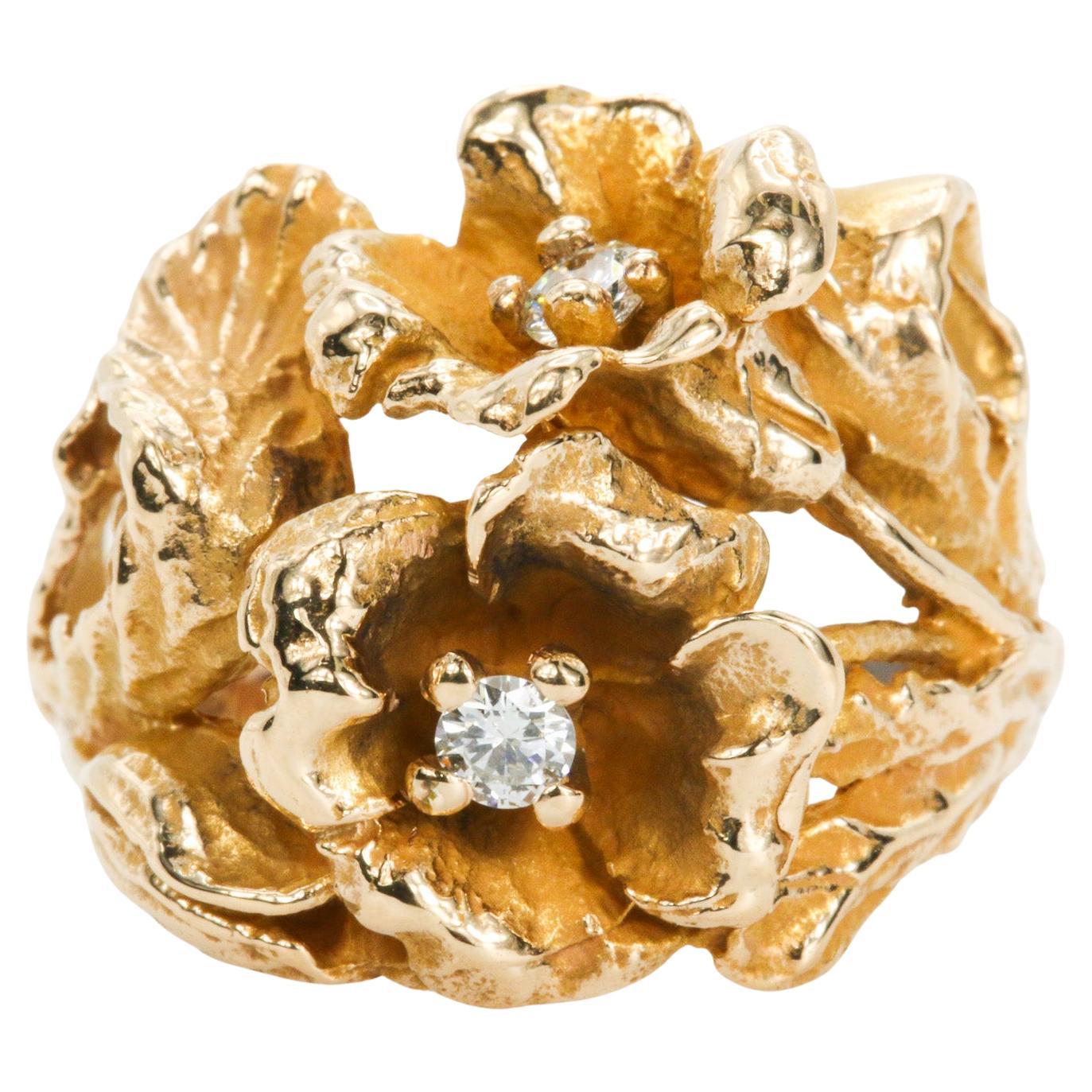 Vintage Diamond Flower Ring in 14k Yellow Gold