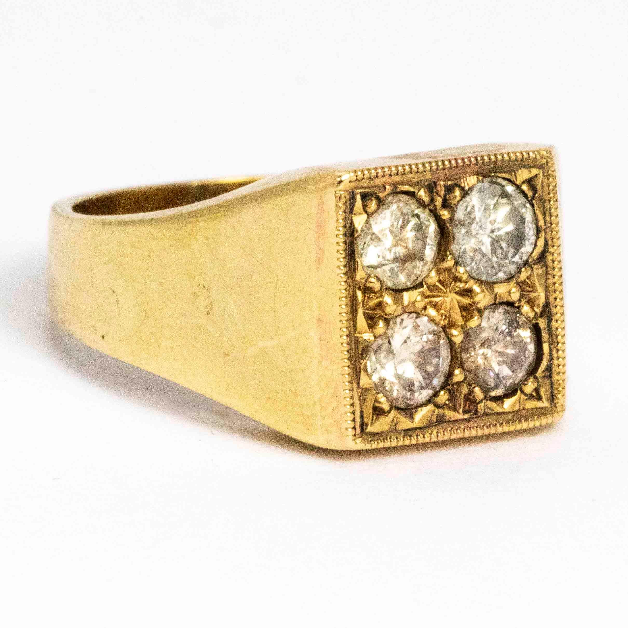 This unusual piece is modelled out of 9 carat gold and has four diamonds set on top. The diamonds are set in lovely ornate settings within a delicately beaded square at the top of the smooth band. Each diamond measures 25pts each. The dimensions of