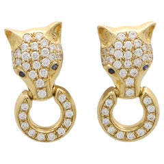 Vintage Diamond Fox Head Door Knocker Earrings in Yellow Gold