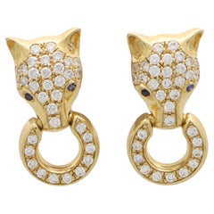 Vintage Diamant-Fuchskopf-Türklopfer-Ohrringe aus Gelbgold