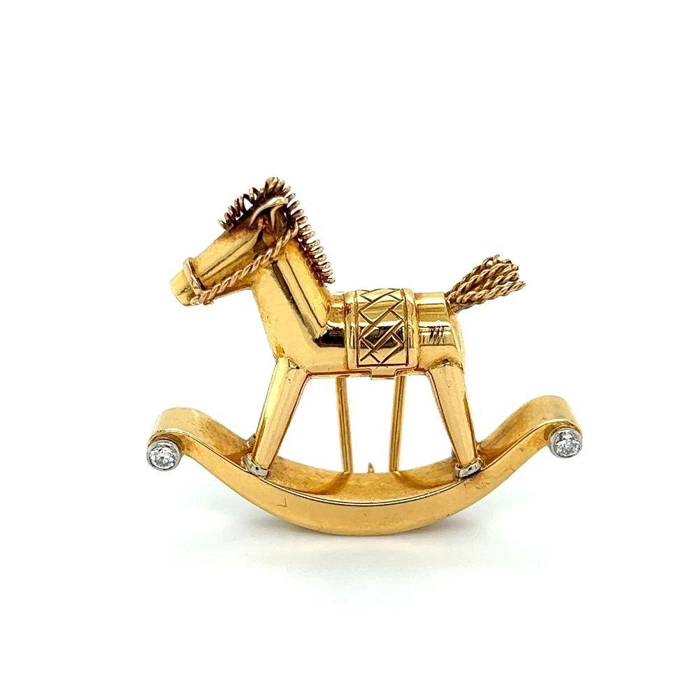 Modernist Vintage Diamond French Rocking Horse Gold Clip Brooch Pin For Sale