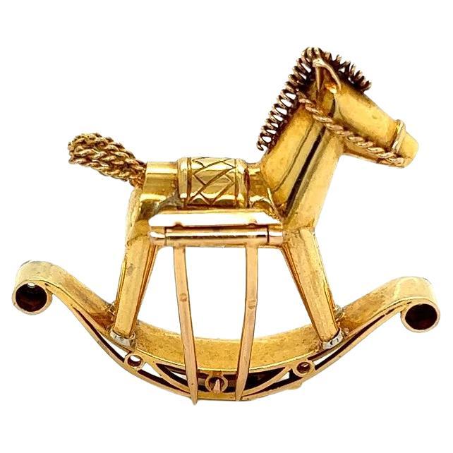Vintage Diamond French Rocking Horse Gold Clip Brooch Pin For Sale